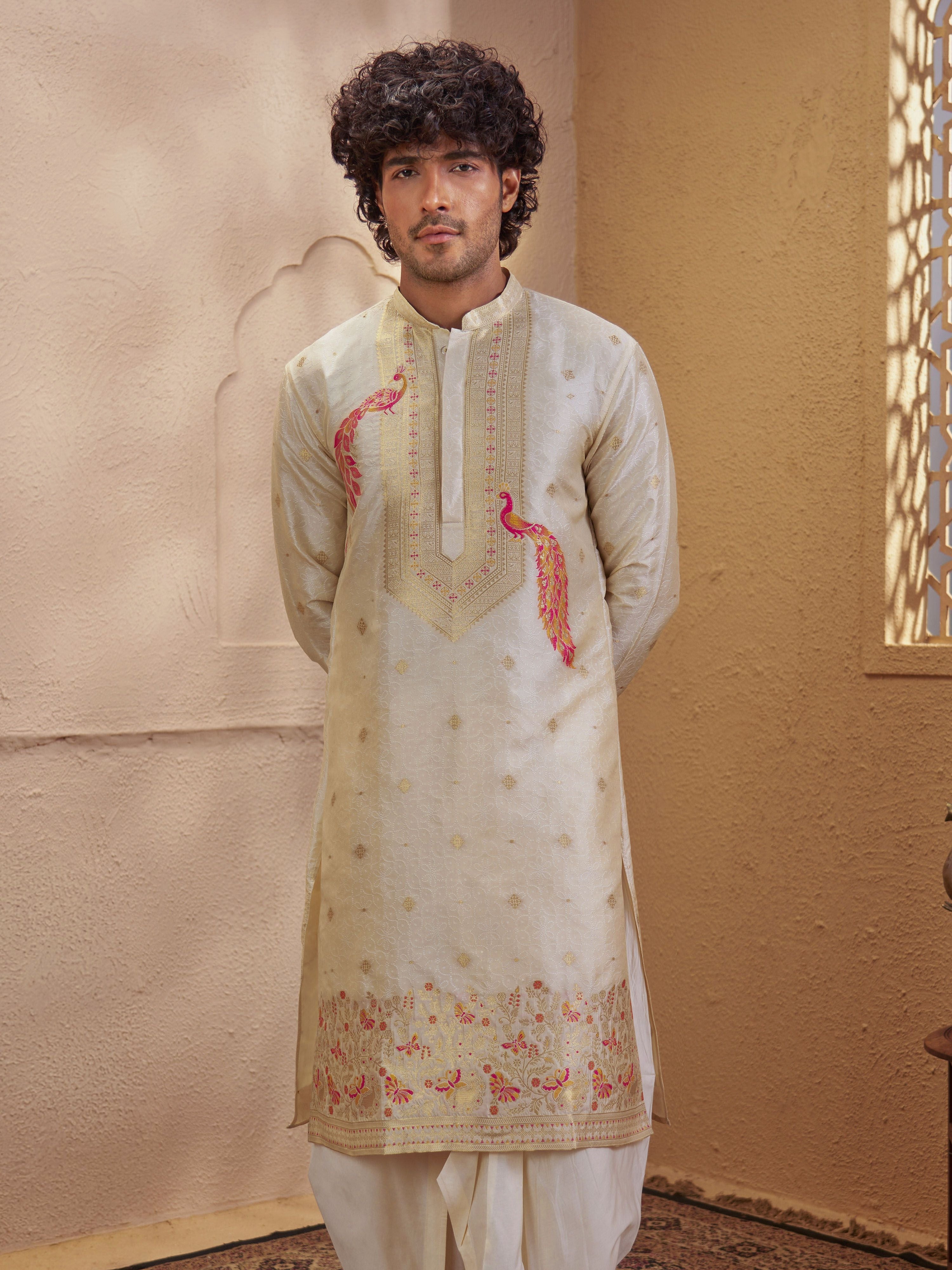 Men's Beige Jacquard+ Embroidered Thigh Length Kurta