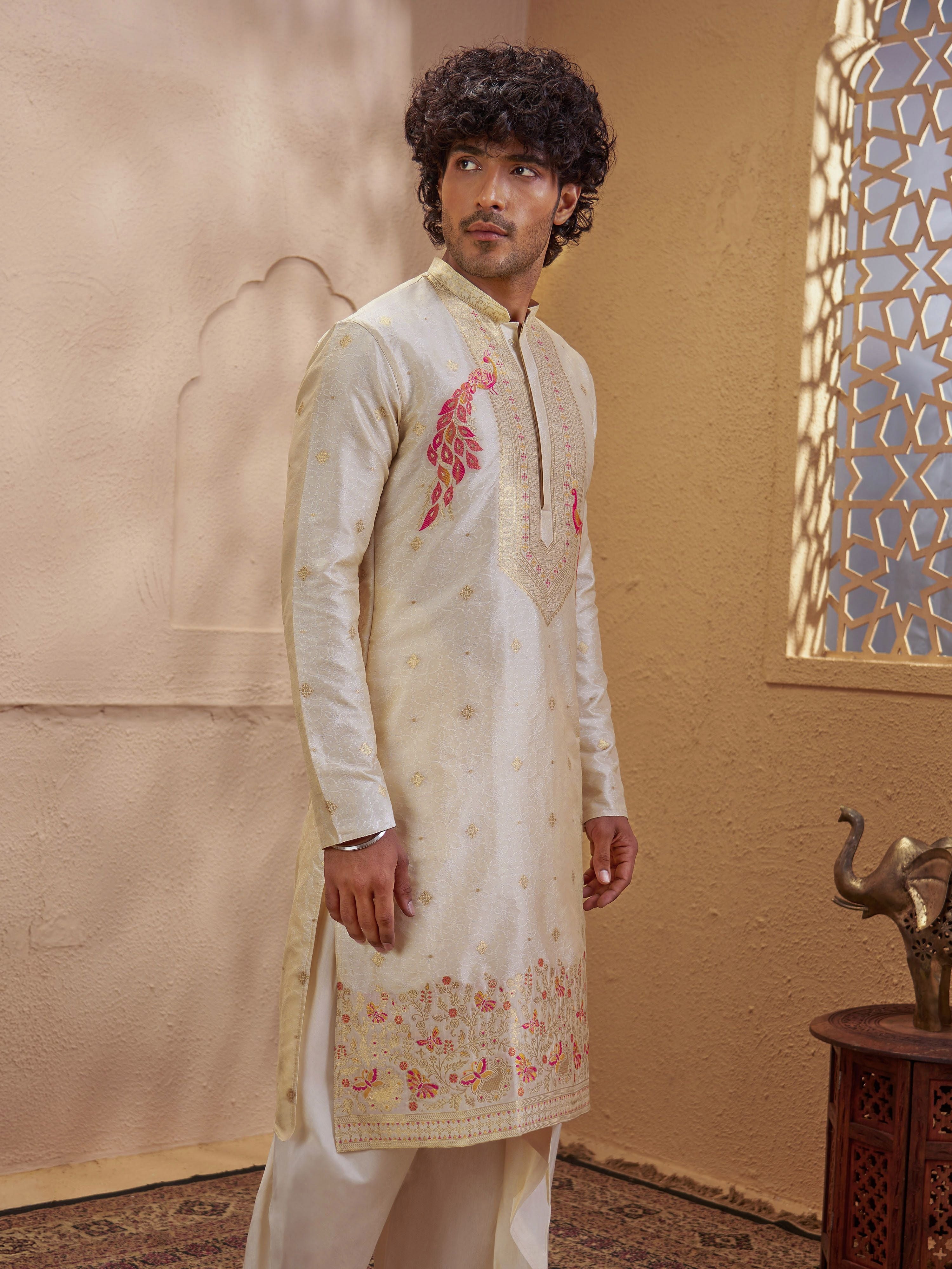 Men's Beige Jacquard+ Embroidered Thigh Length Kurta