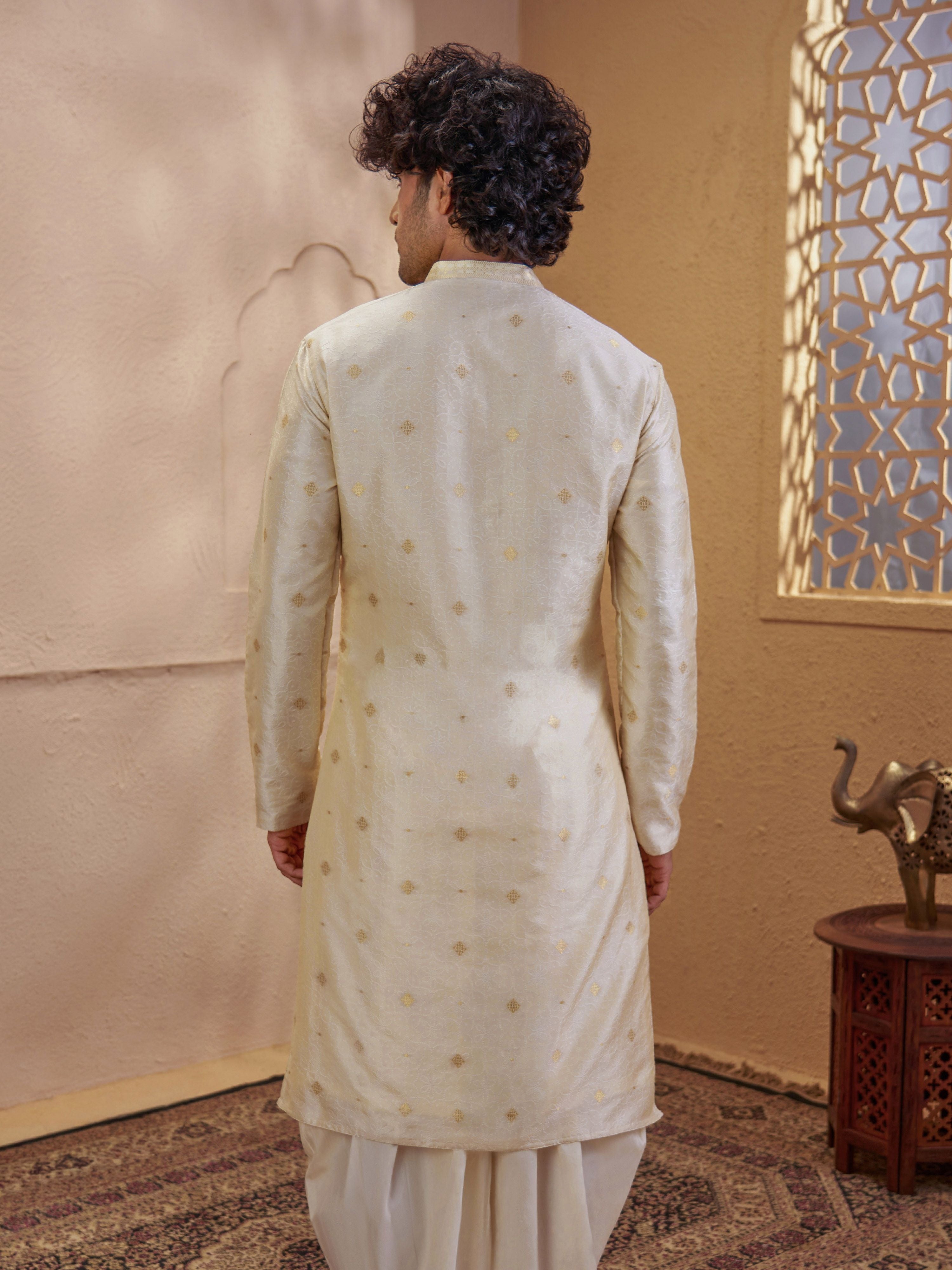 Men's Beige Jacquard+ Embroidered Thigh Length Kurta