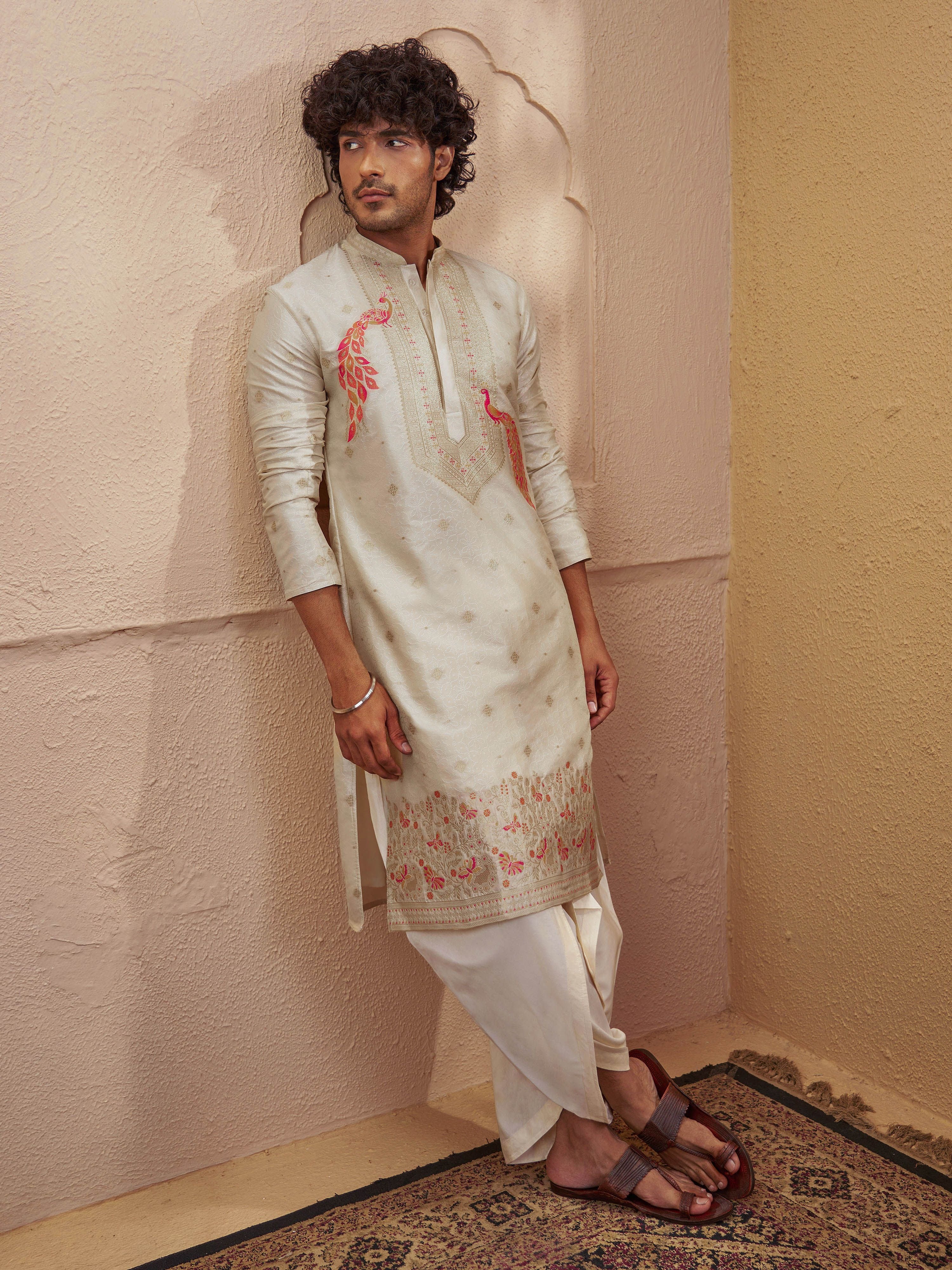 Beige Viscose Embroidered Kurta Dhoti Set for Men