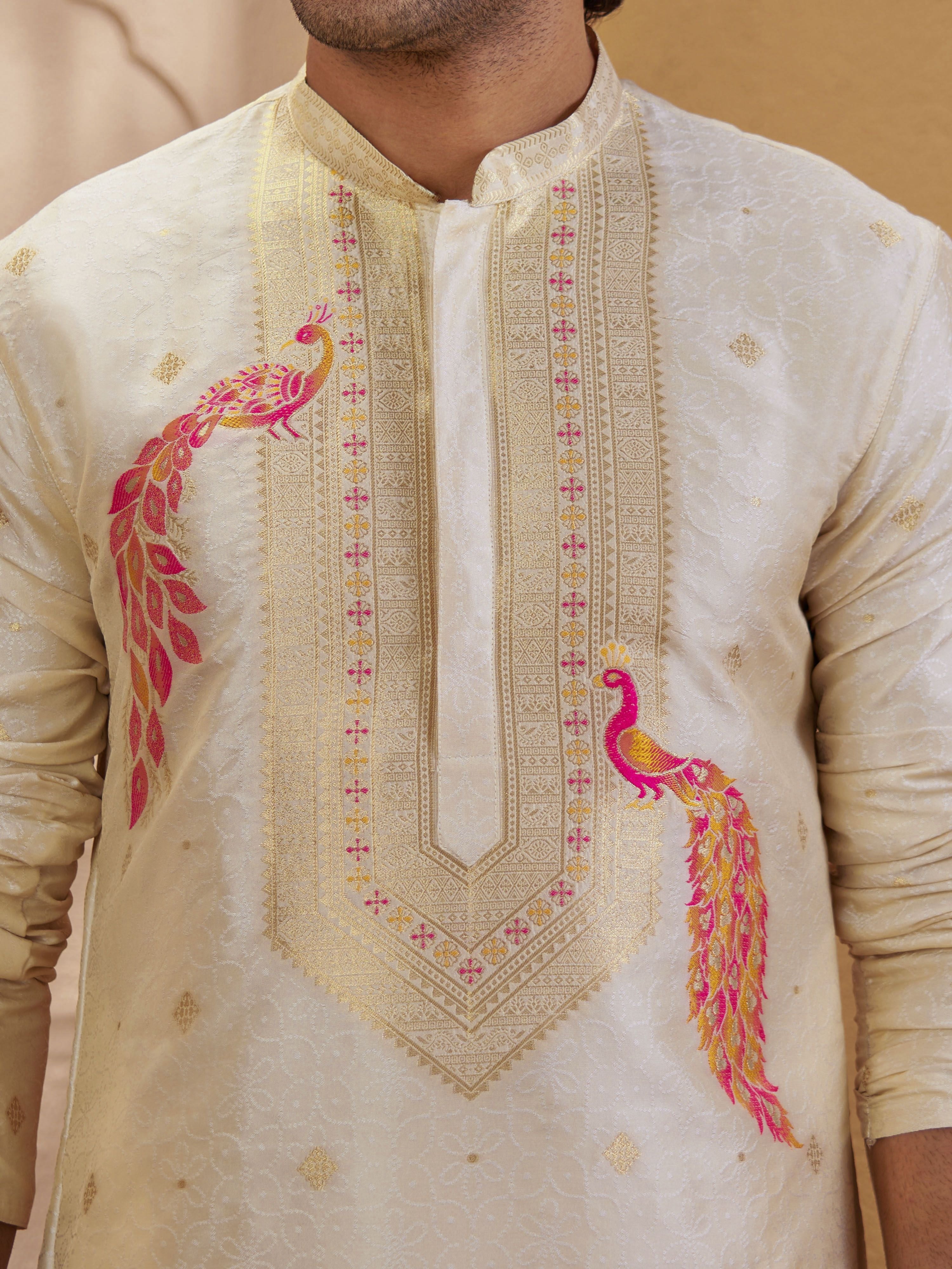 Men's Beige Viscose Embroidered Thigh Length Kurta With Dhoti