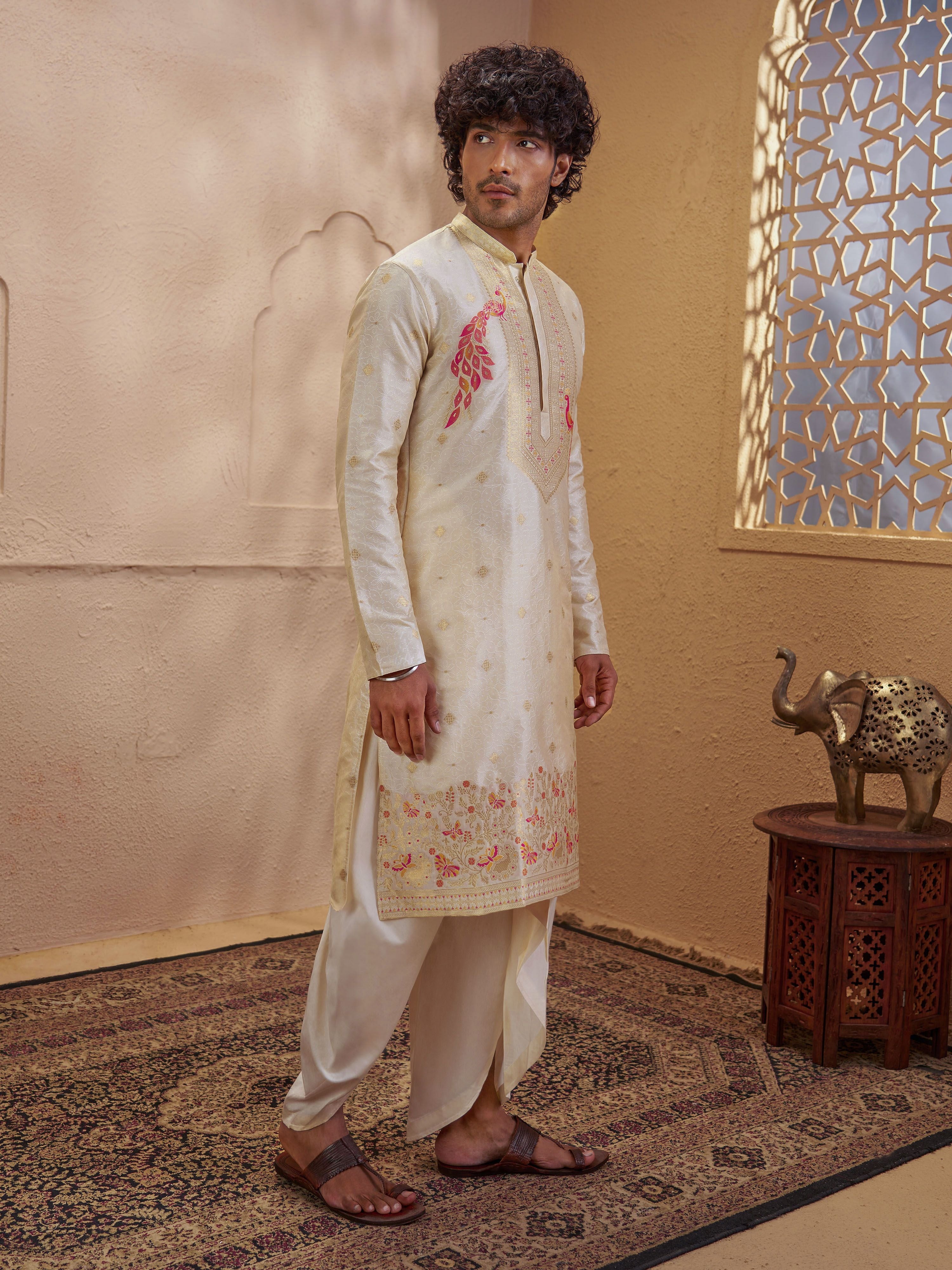 Men's Beige Viscose Embroidered Thigh Length Kurta With Dhoti