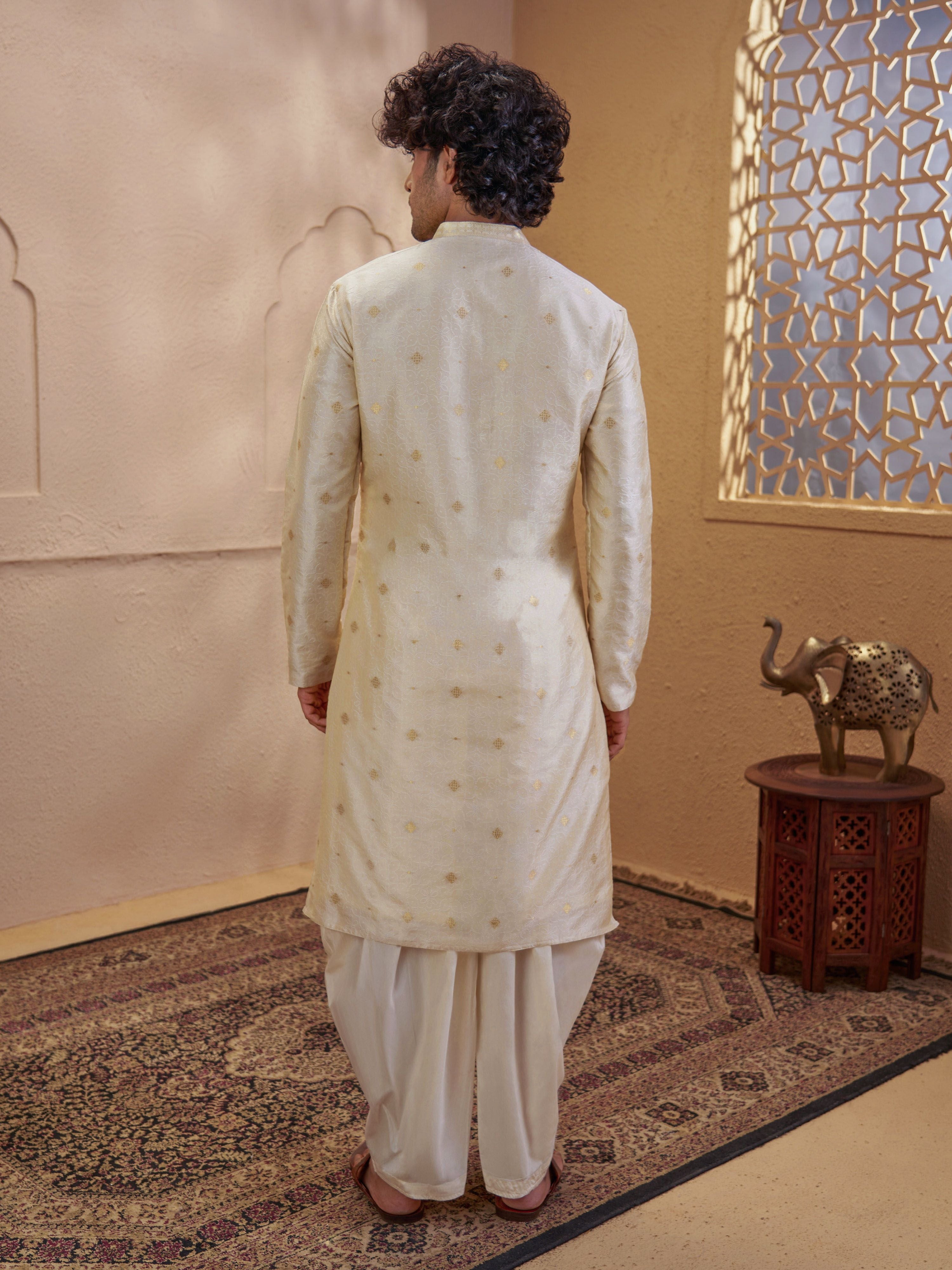 Men's Beige Viscose Embroidered Thigh Length Kurta With Dhoti