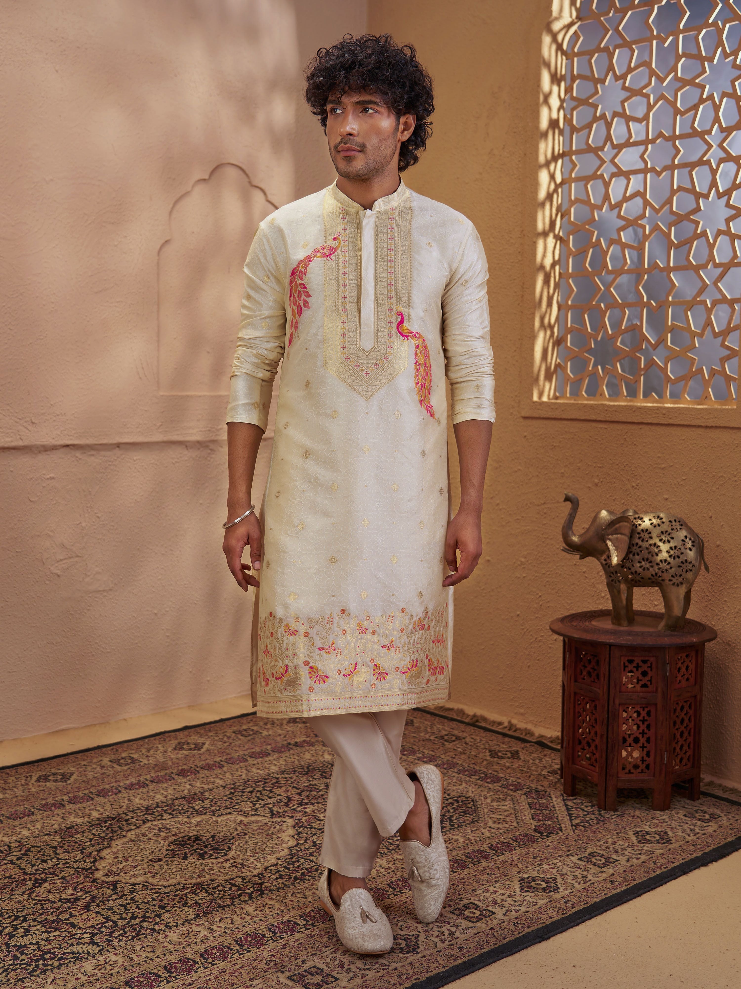 Men's Beige Viscose Embroidered Thigh Length Kurta With Pyjama