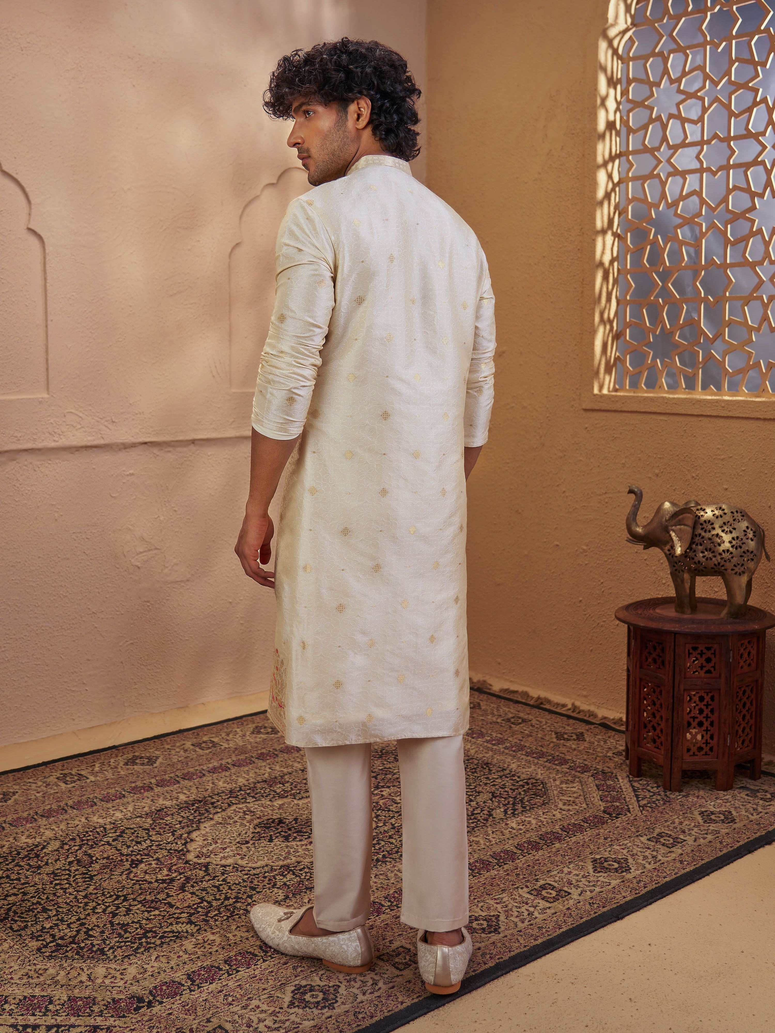Men's Beige Viscose Embroidered Thigh Length Kurta With Pyjama