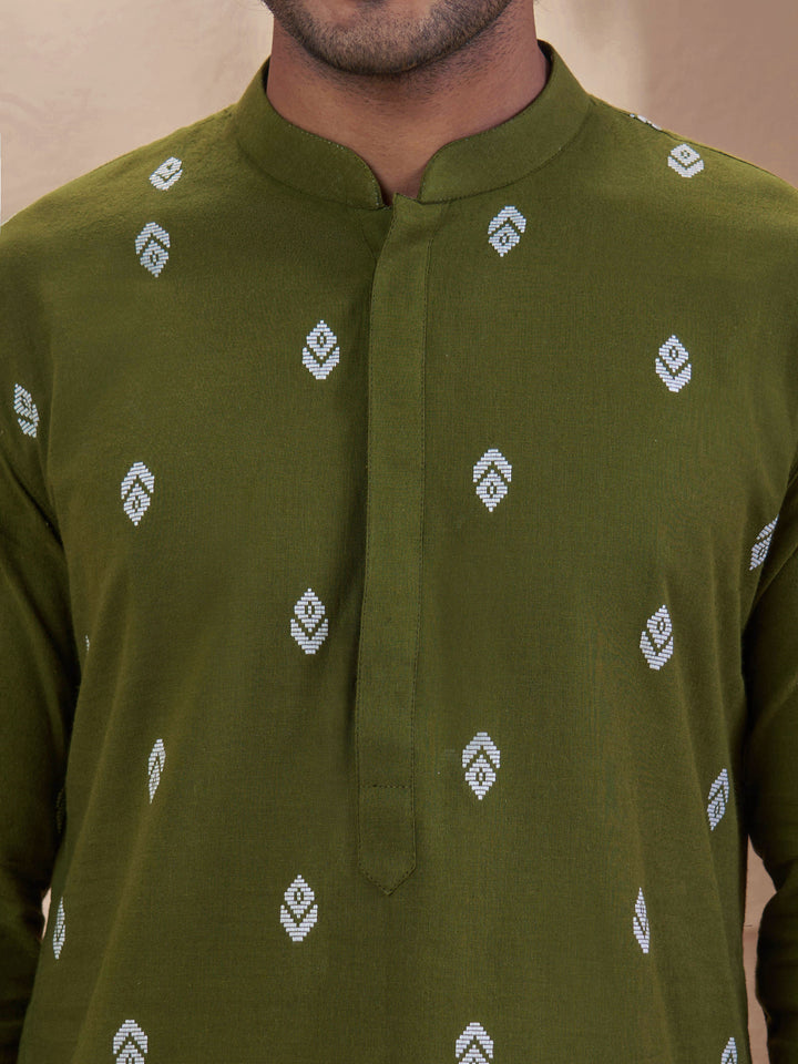 Men Green Cotton Jacquard Ikkat Kurta with White Pyjama Set