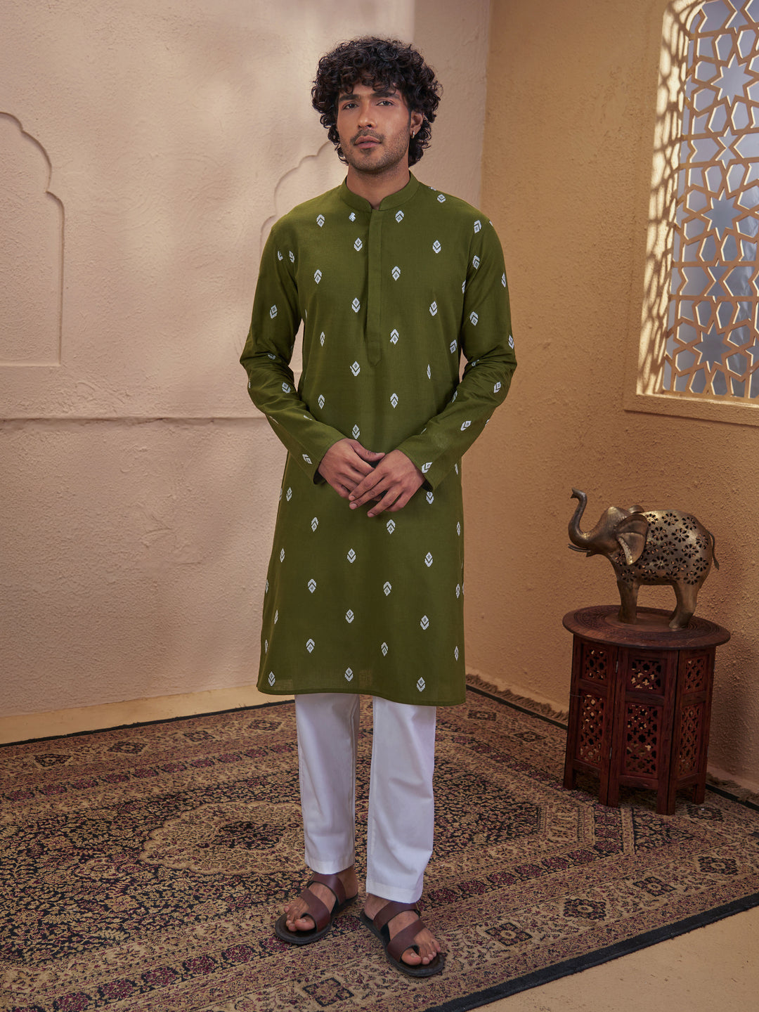Men Green Cotton Jacquard Ikkat Kurta with White Pyjama Set