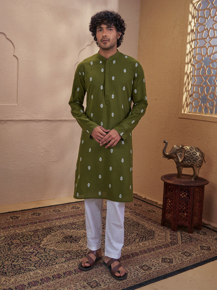 Men Green Cotton Jacquard Ikkat Kurta with White Pyjama Set