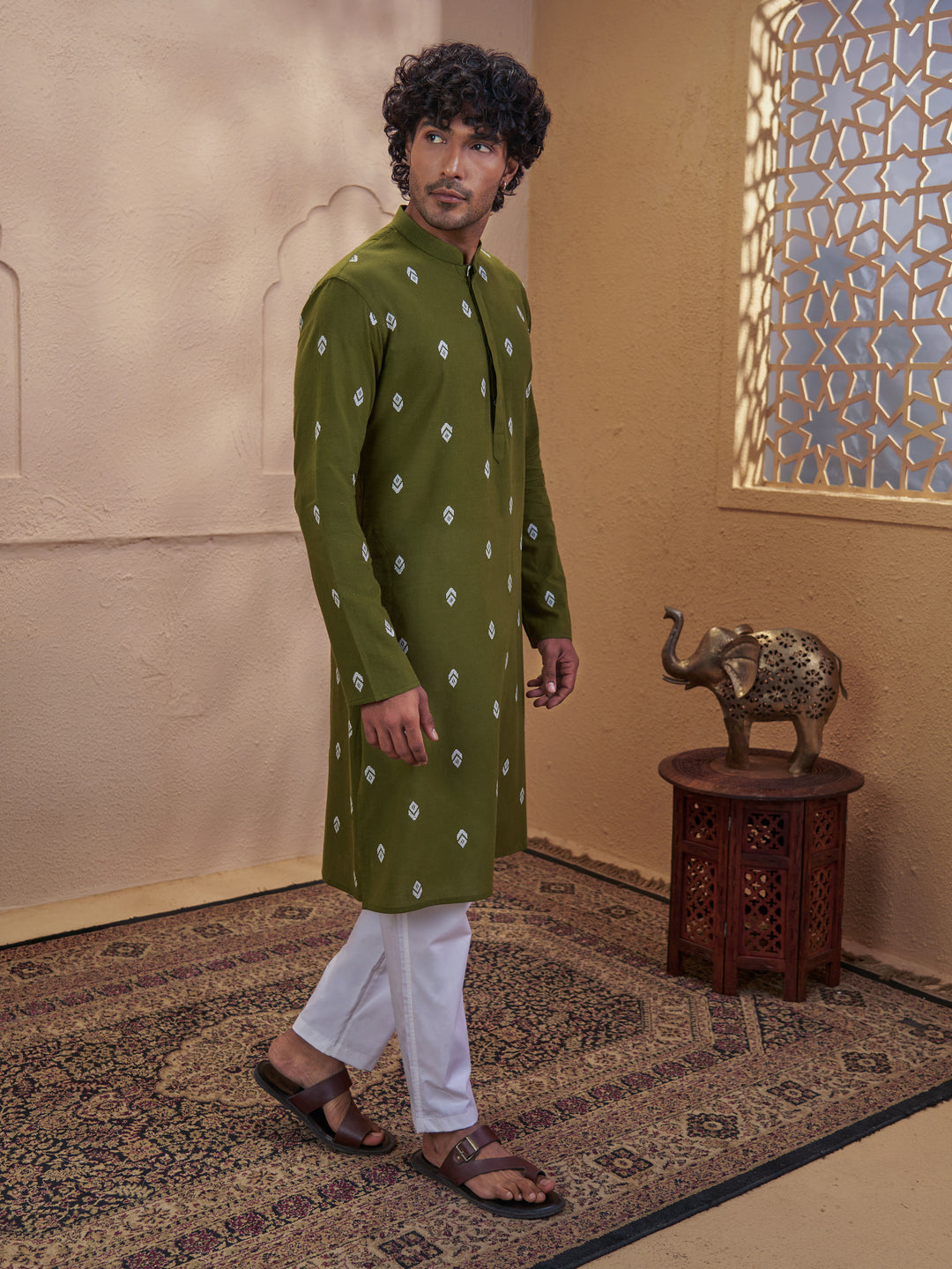 Men Green Cotton Jacquard Ikkat Kurta with White Pyjama Set
