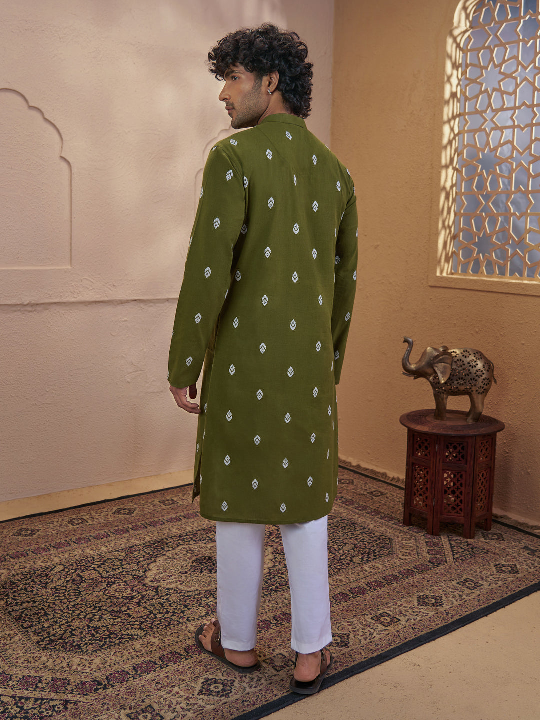 Men Green Cotton Jacquard Ikkat Kurta with White Pyjama Set