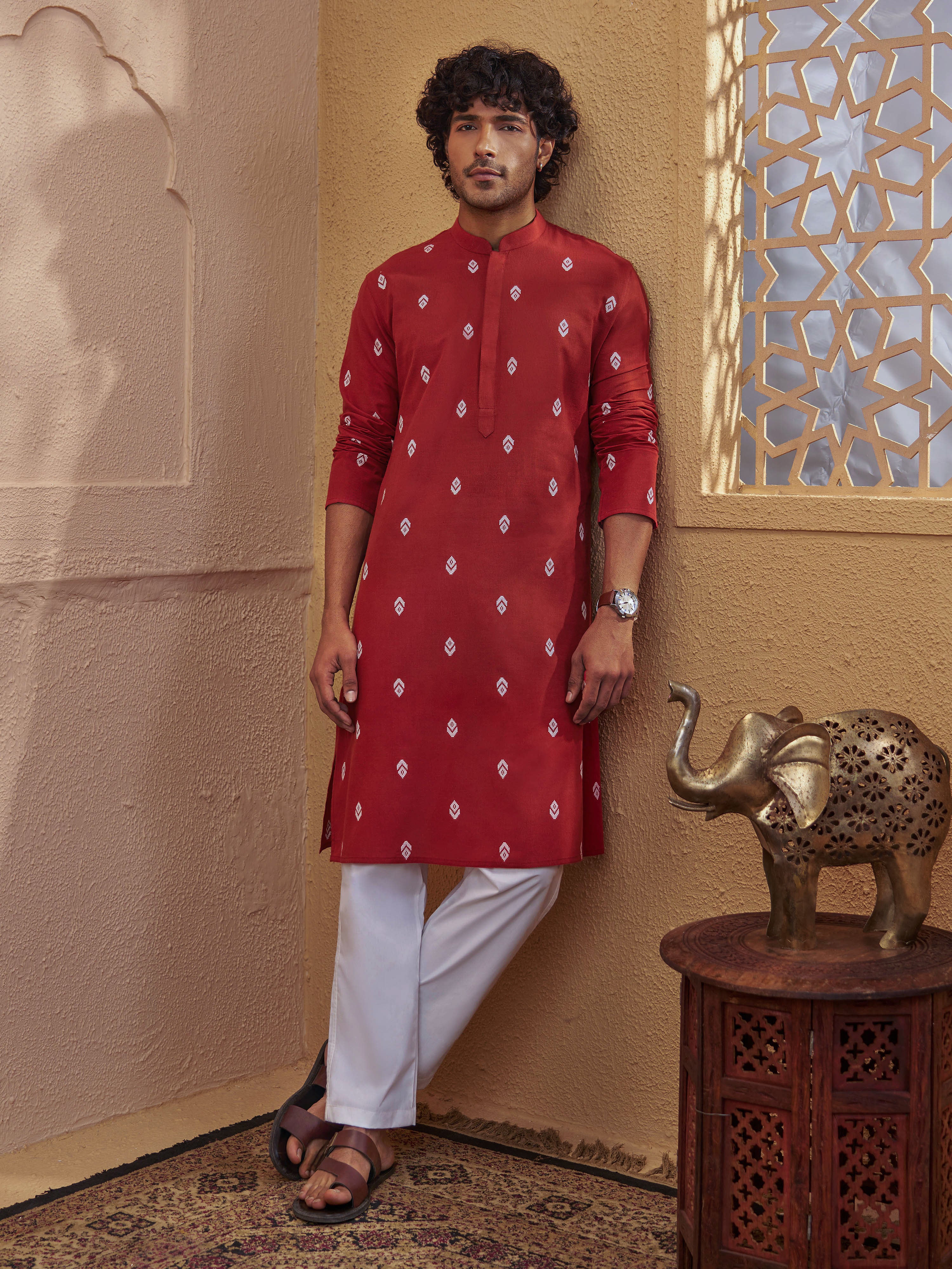 Men Rust Cotton Jacquard Ikkat Kurta with White Pyjama Set