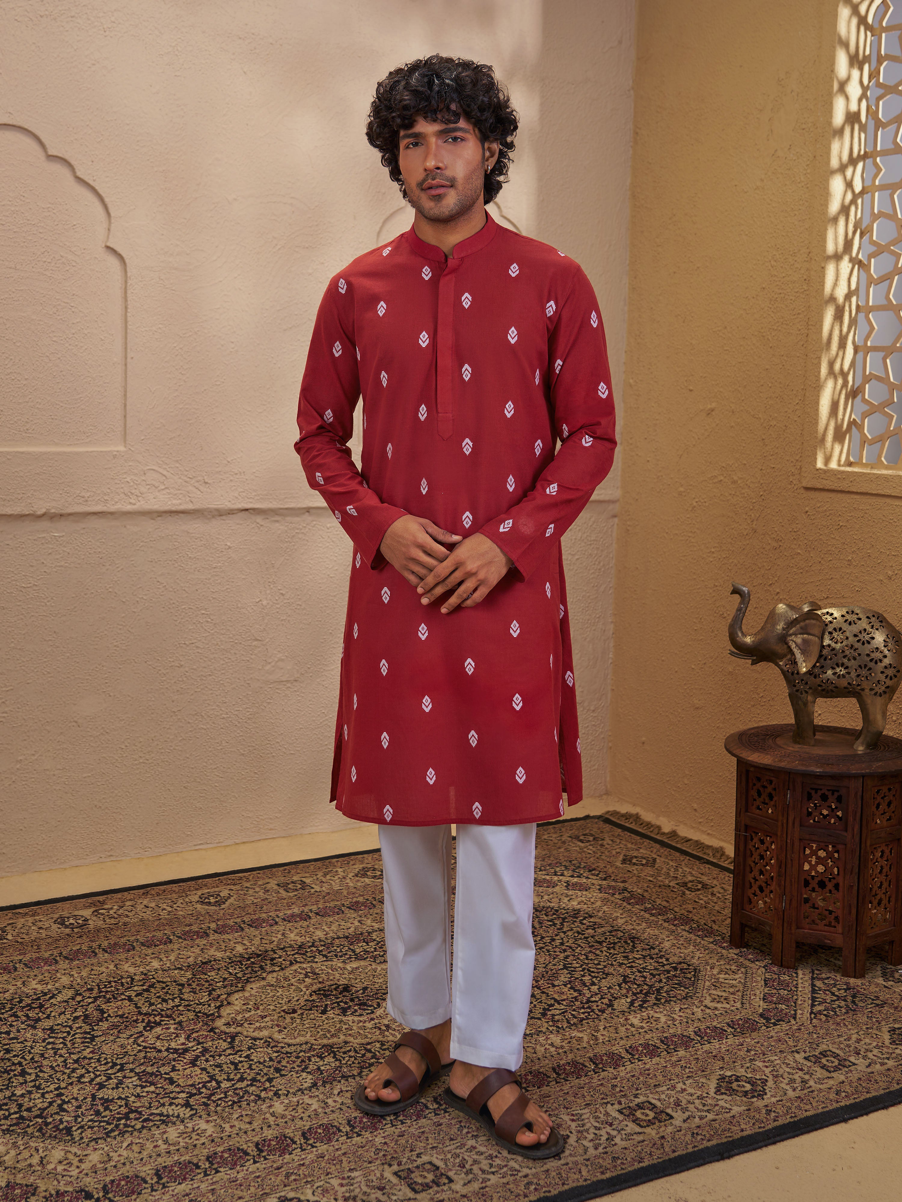 Men Rust Cotton Jacquard Ikkat Kurta with White Pyjama Set
