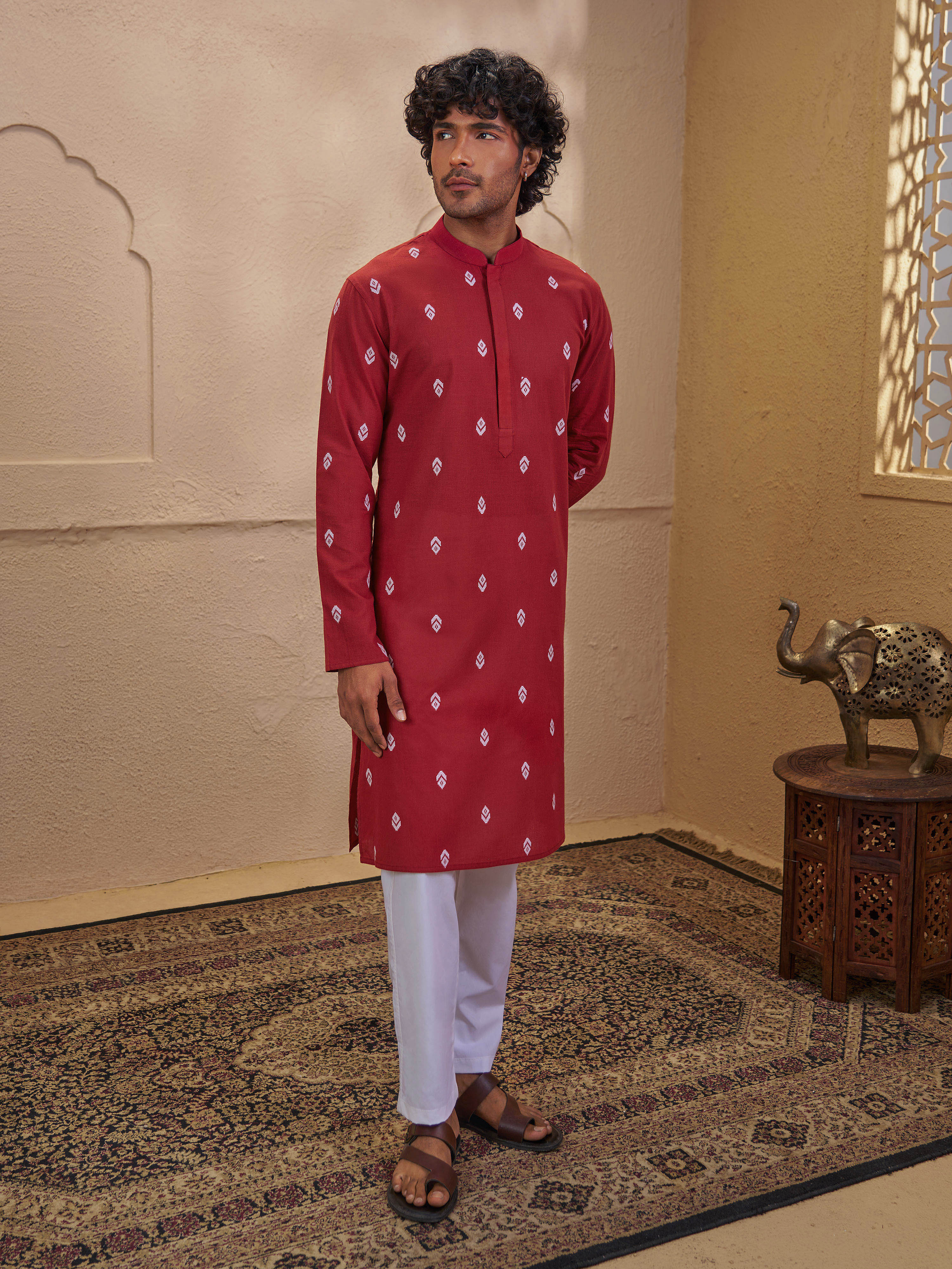 Men Rust Cotton Jacquard Ikkat Kurta with White Pyjama Set