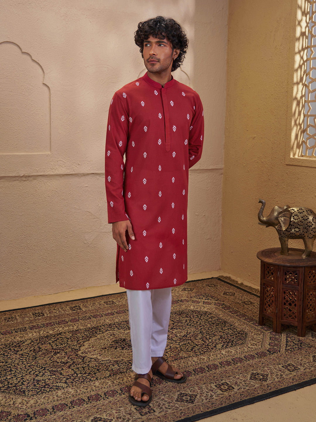 Men Rust Cotton Jacquard Ikkat Kurta with White Pyjama Set