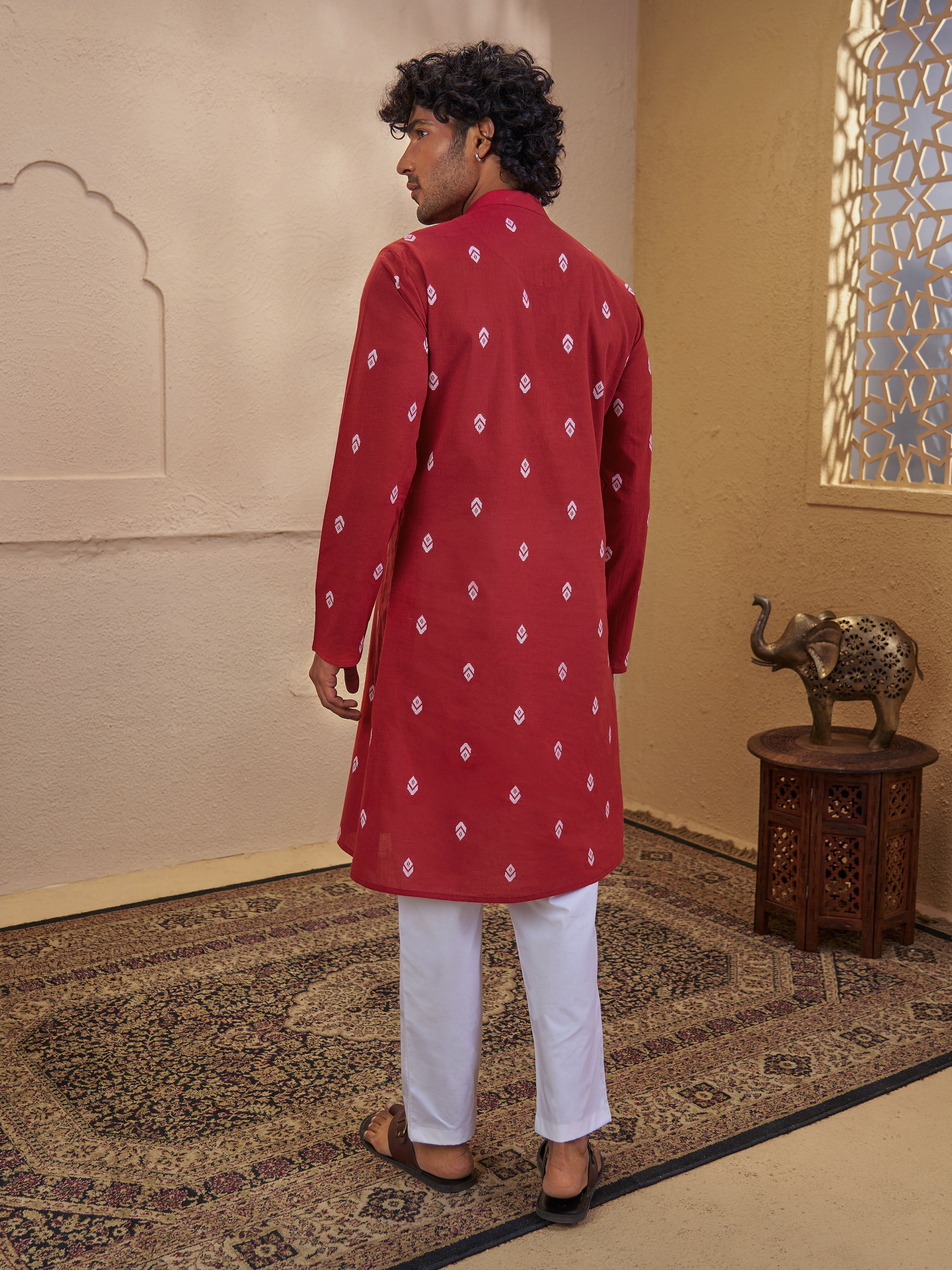 Men Rust Cotton Jacquard Ikkat Kurta with White Pyjama Set