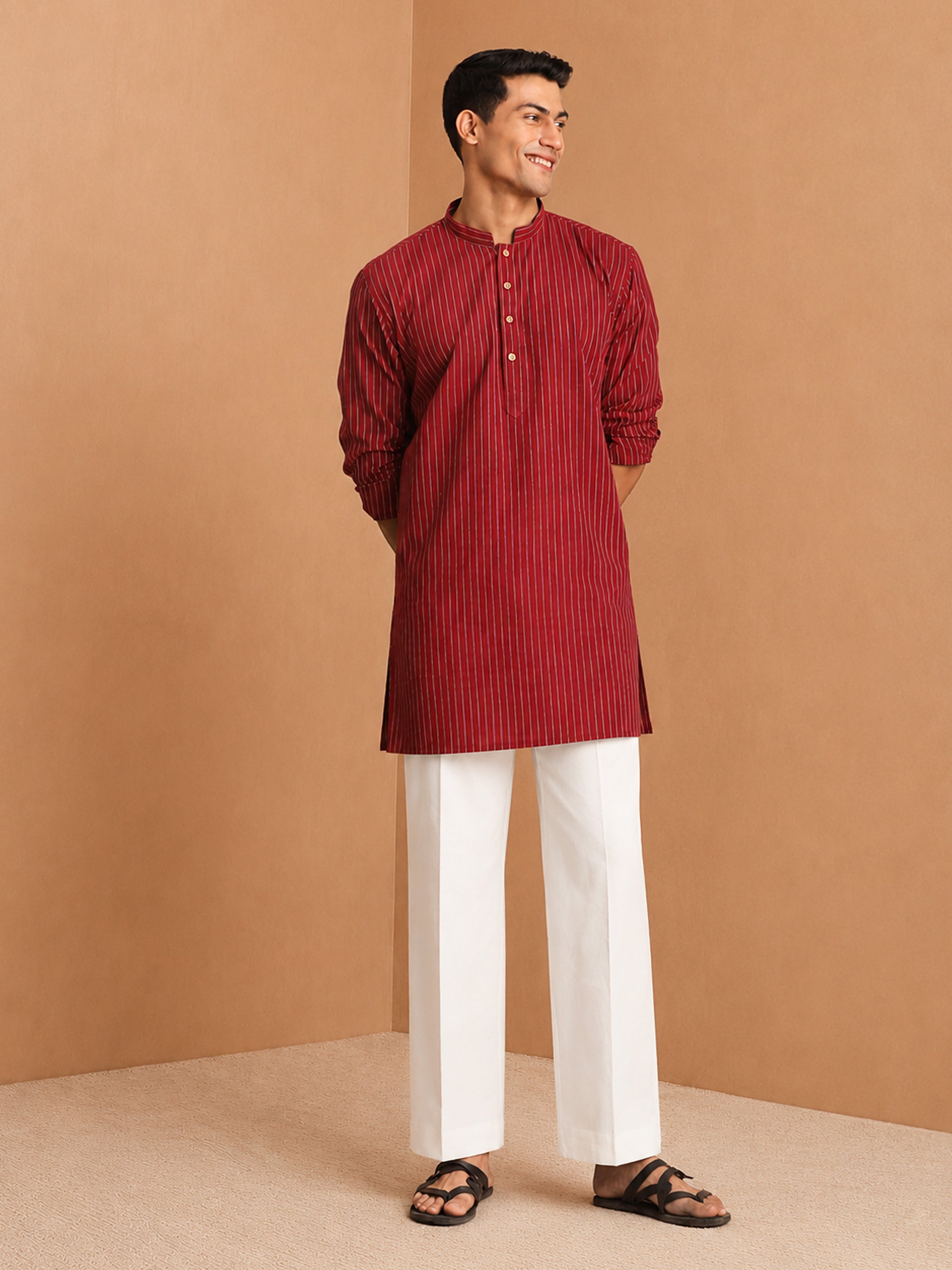 Men's Maroon Jacquard+ Textured, Stripes, Jacquard Regular Kurta Pant Set with Wide Leg Pant