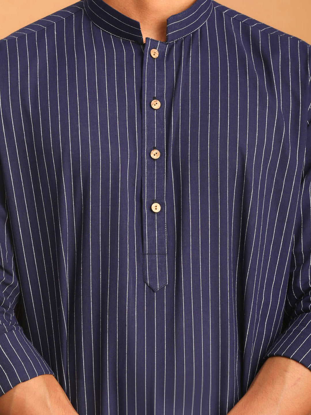 Men's Navy Blue Striped Jacquard Kurta & White Pant Set