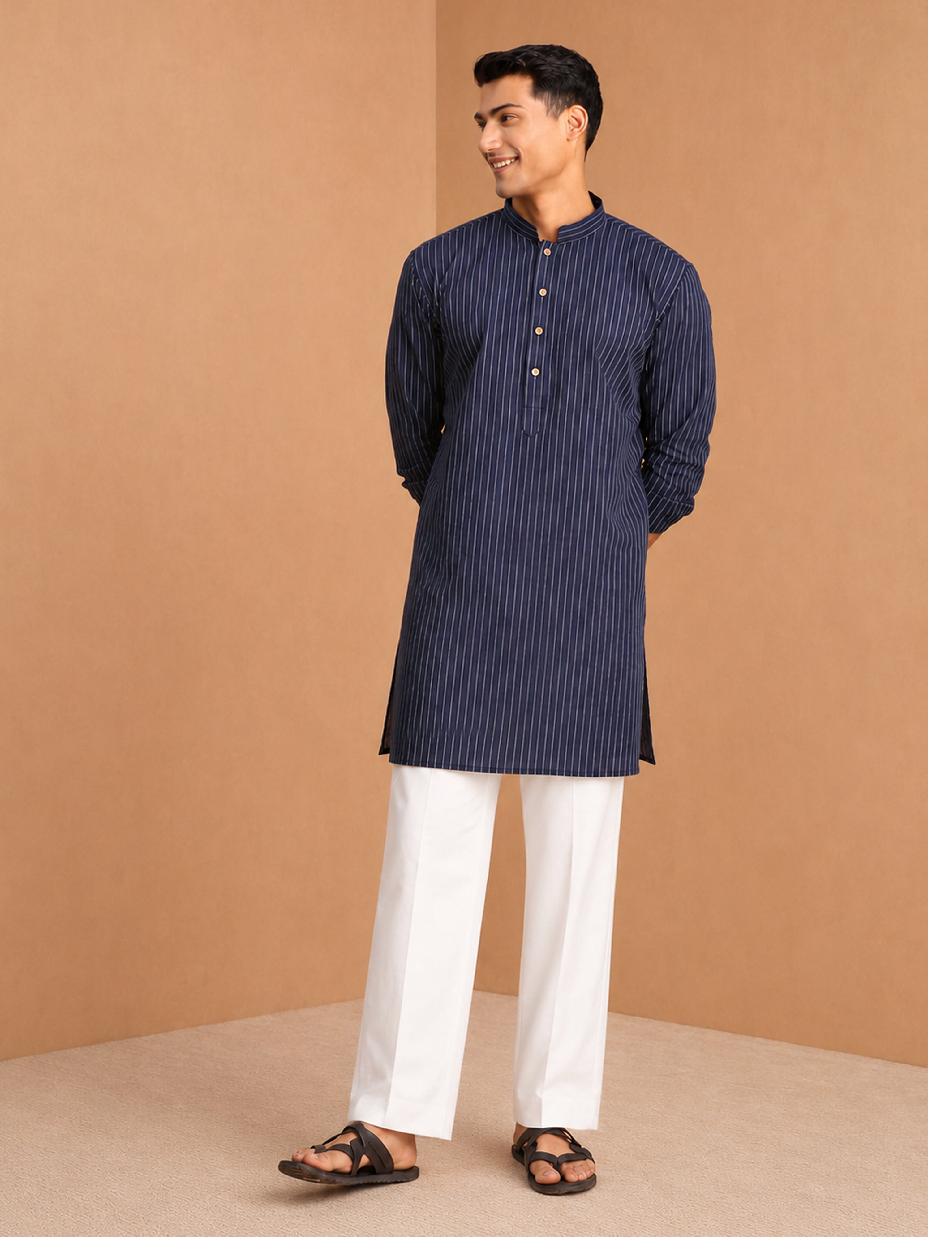 Men's Navy Blue  Textured, Stripes, Jacquard Thigh Length Kurta Pant Set with Wide Leg Pant