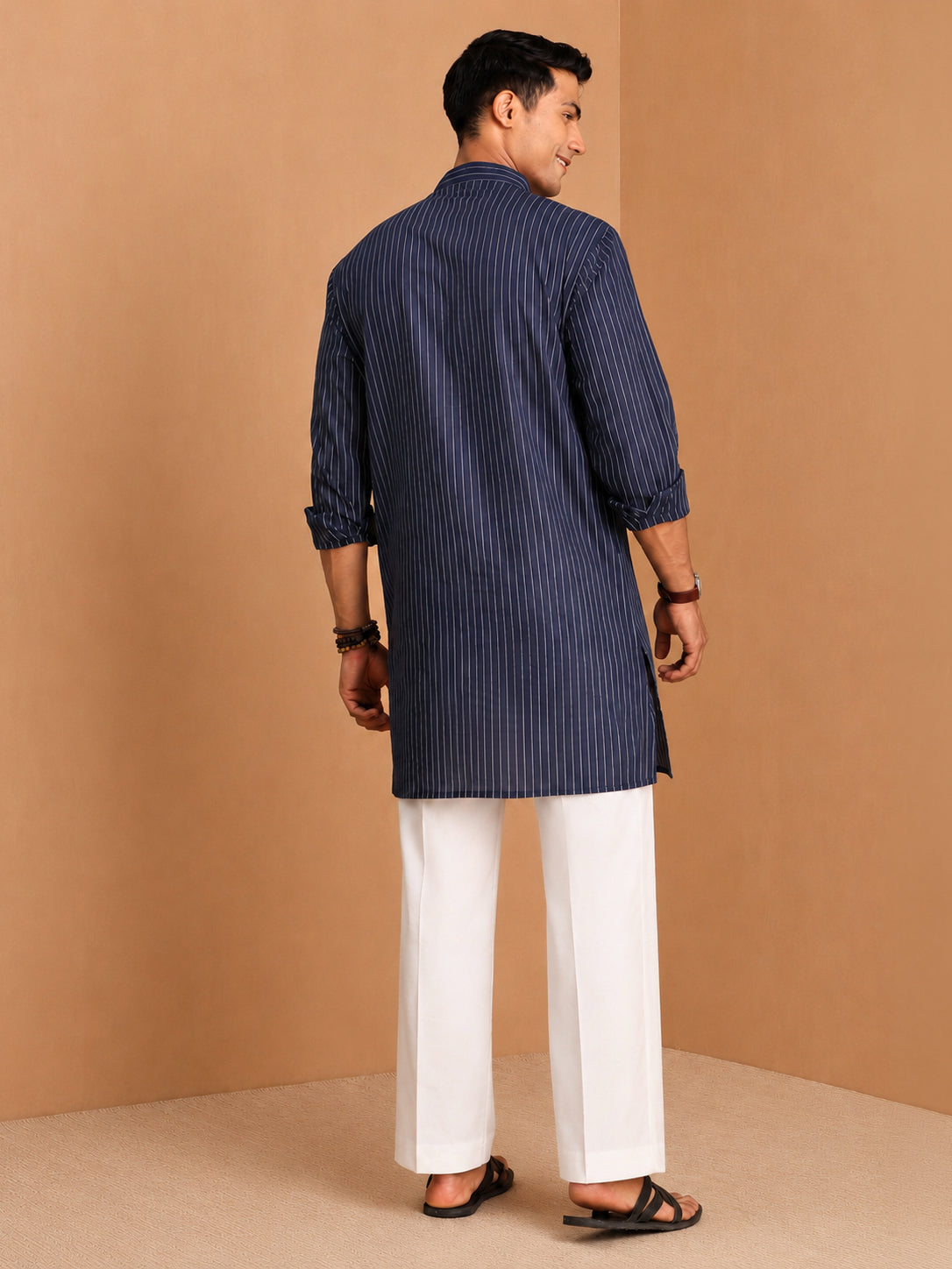 Men's Navy Blue  Textured, Stripes, Jacquard Thigh Length Kurta Pant Set with Wide Leg Pant
