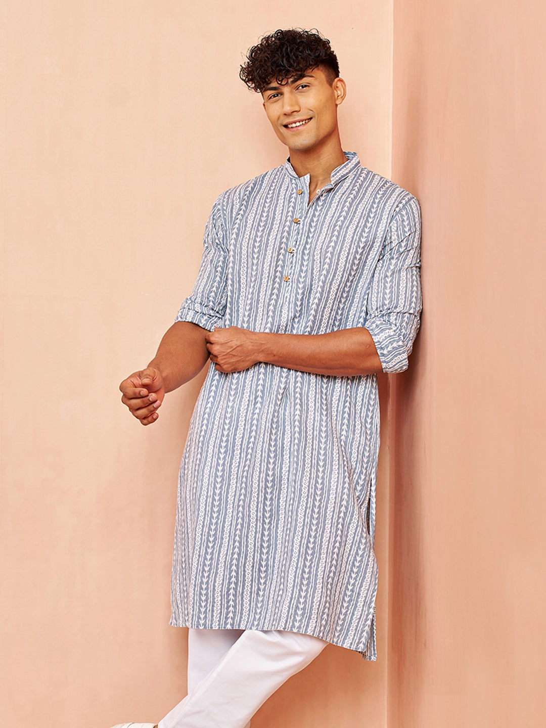 Men's Grey And White Batik Printed Kurta