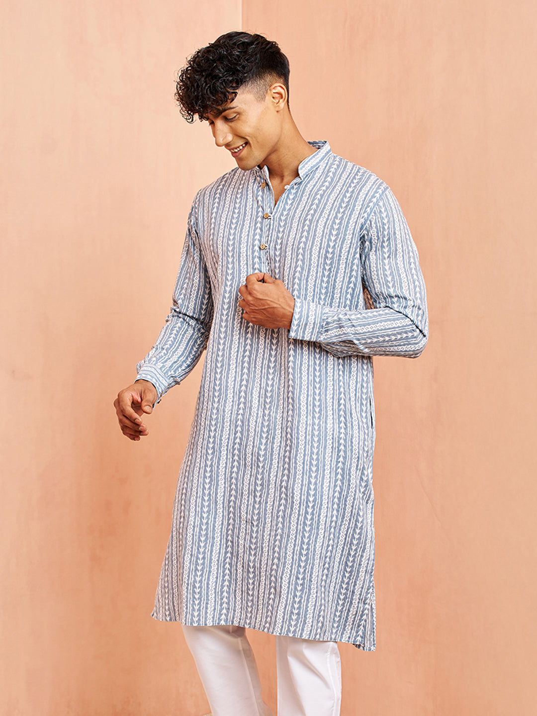 Men's Grey And White Batik Printed Kurta