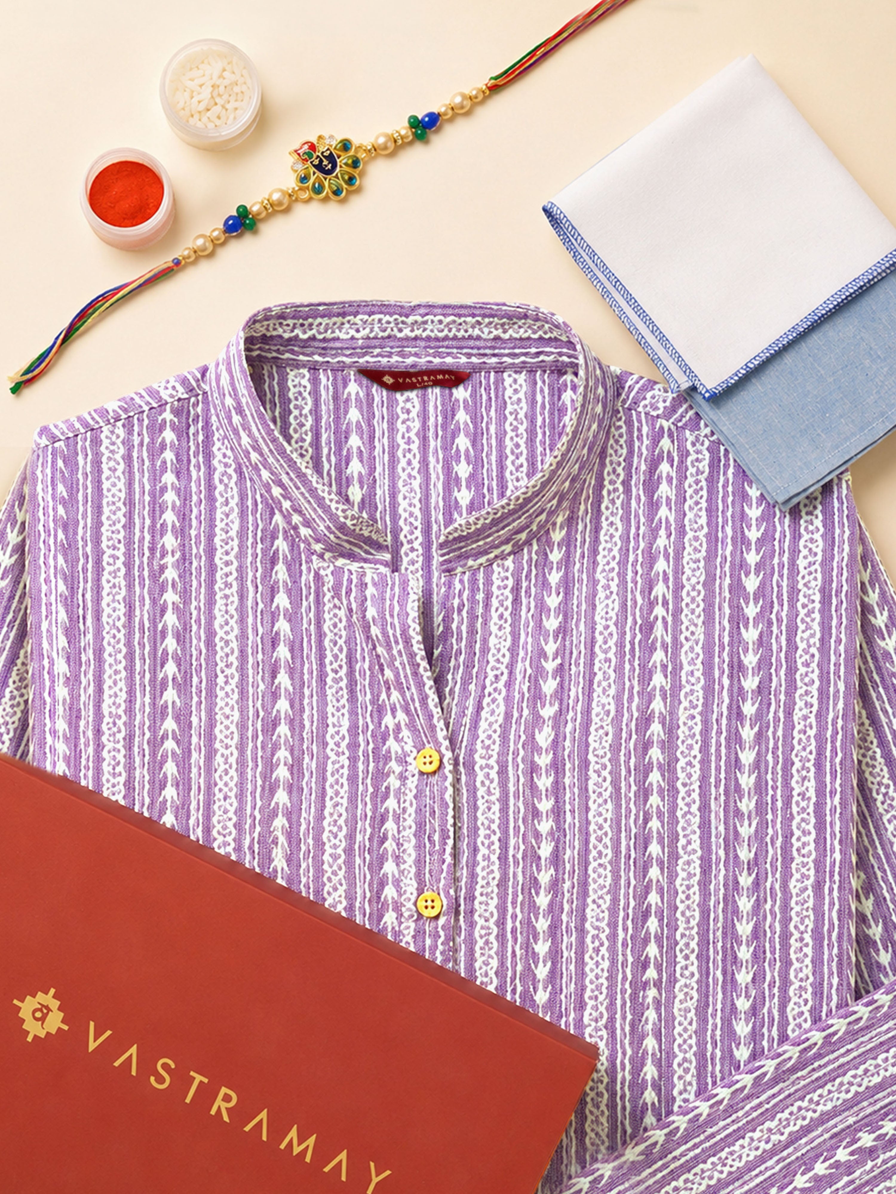 Men's Purple & White Batik Printed Kurta Rakhi Gift Box for Brother | Premium Gift Set