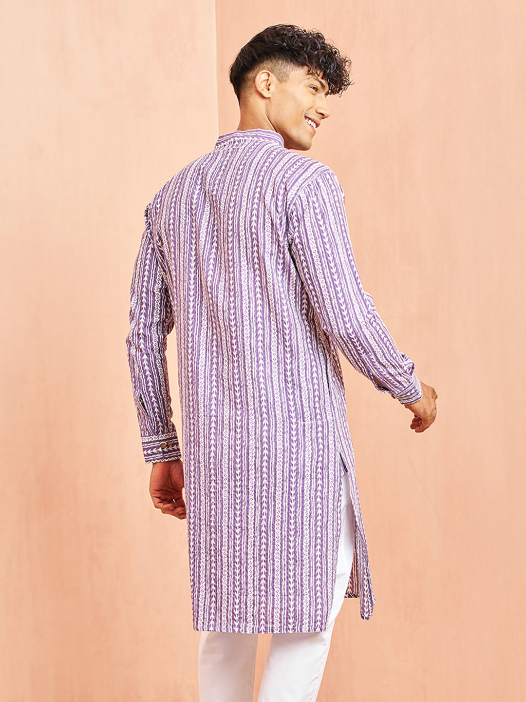 Men's Purple And White Batik Printed Kurta