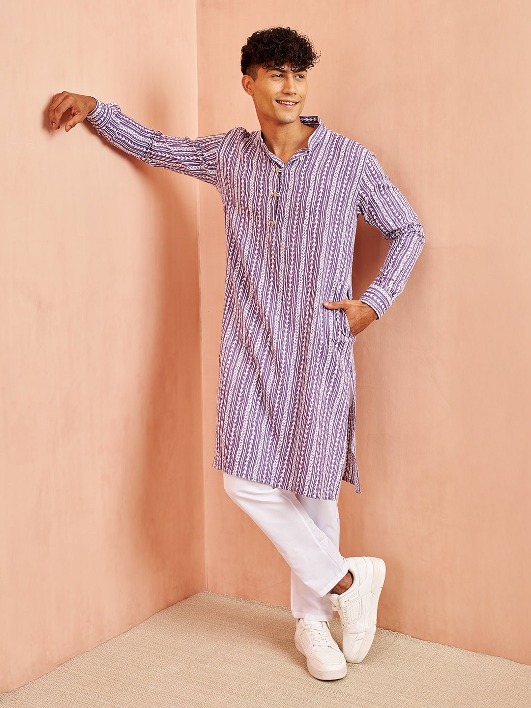 Men's Purple And White Batik Printed Kurta