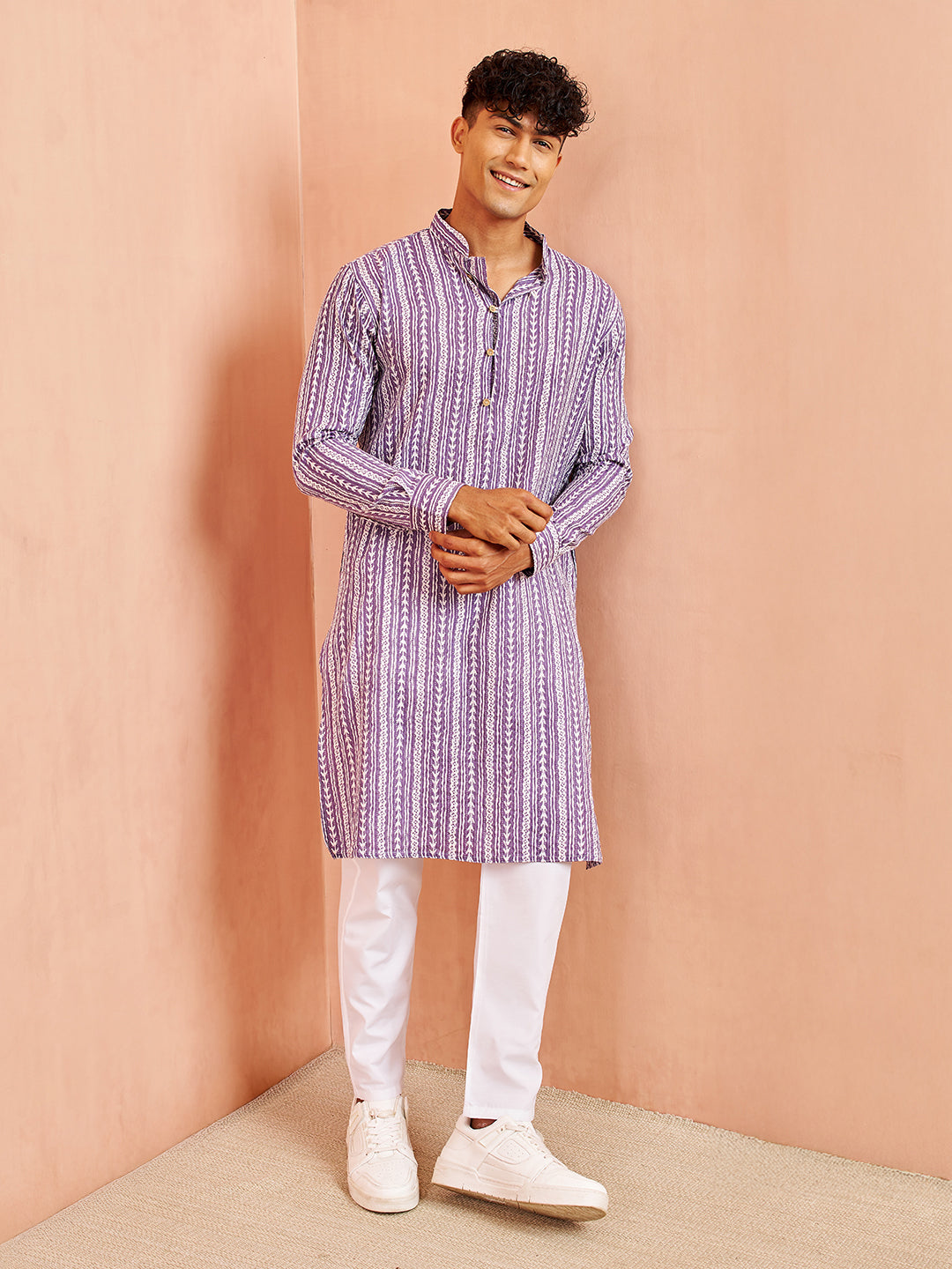 Men's Purple And White Batik Printed Kurta With White Pant Set