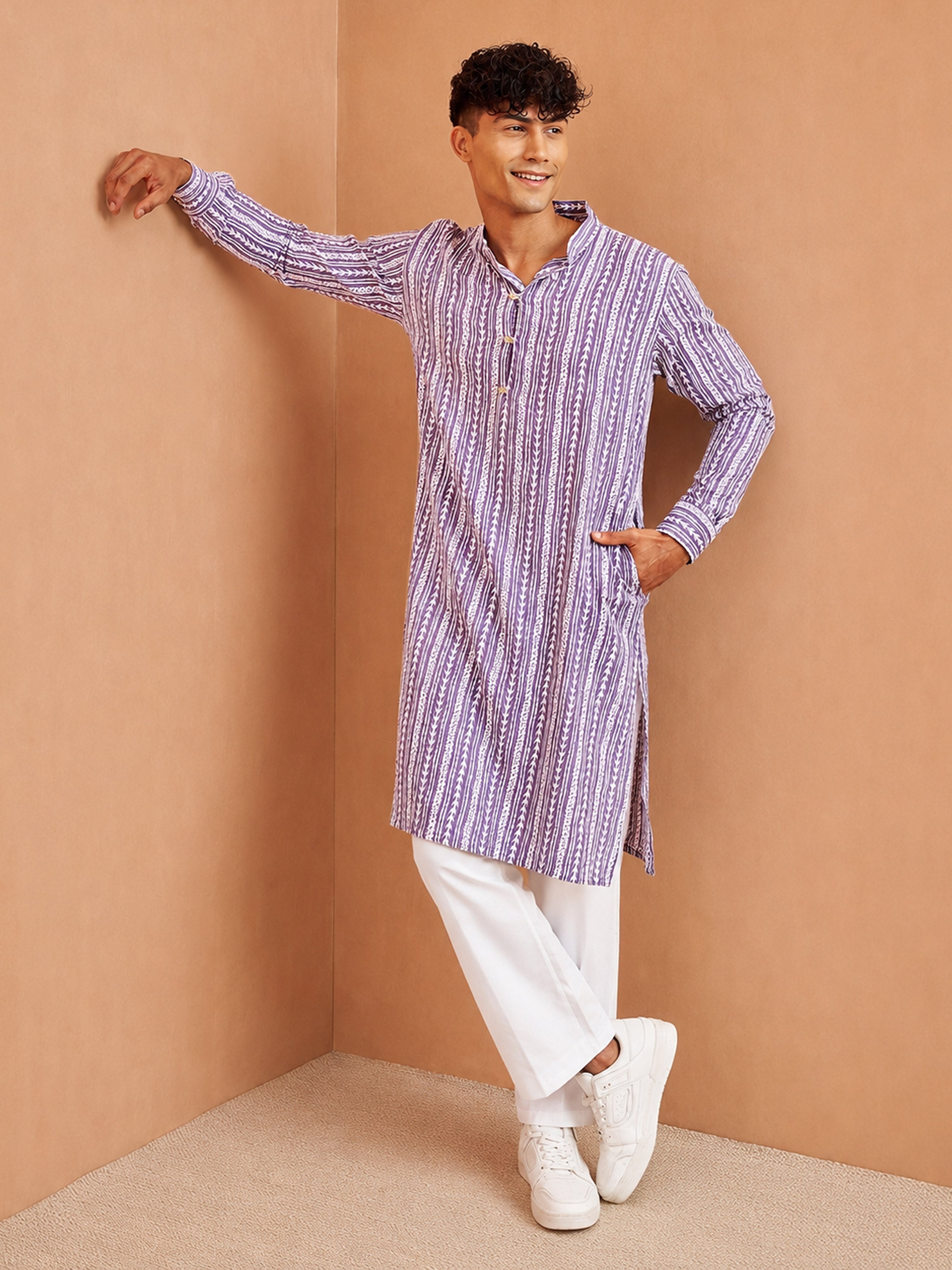 Men's Purple  Kantha Work, Printed, Jacquard Knee Length Kurta Pant Set with Wide Leg Pant