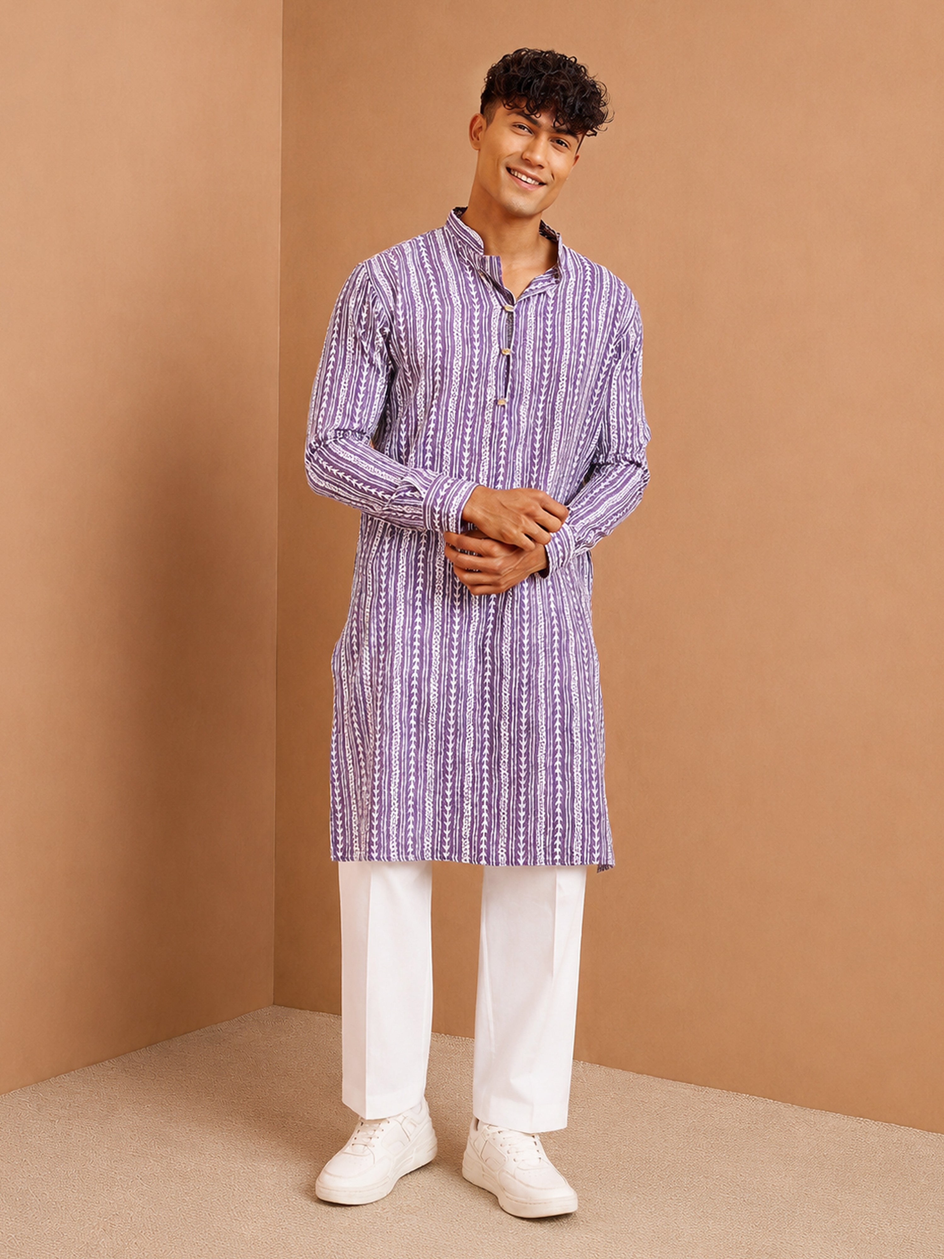 Men's Purple  Kantha Work, Printed, Jacquard Knee Length Kurta Pant Set with Wide Leg Pant
