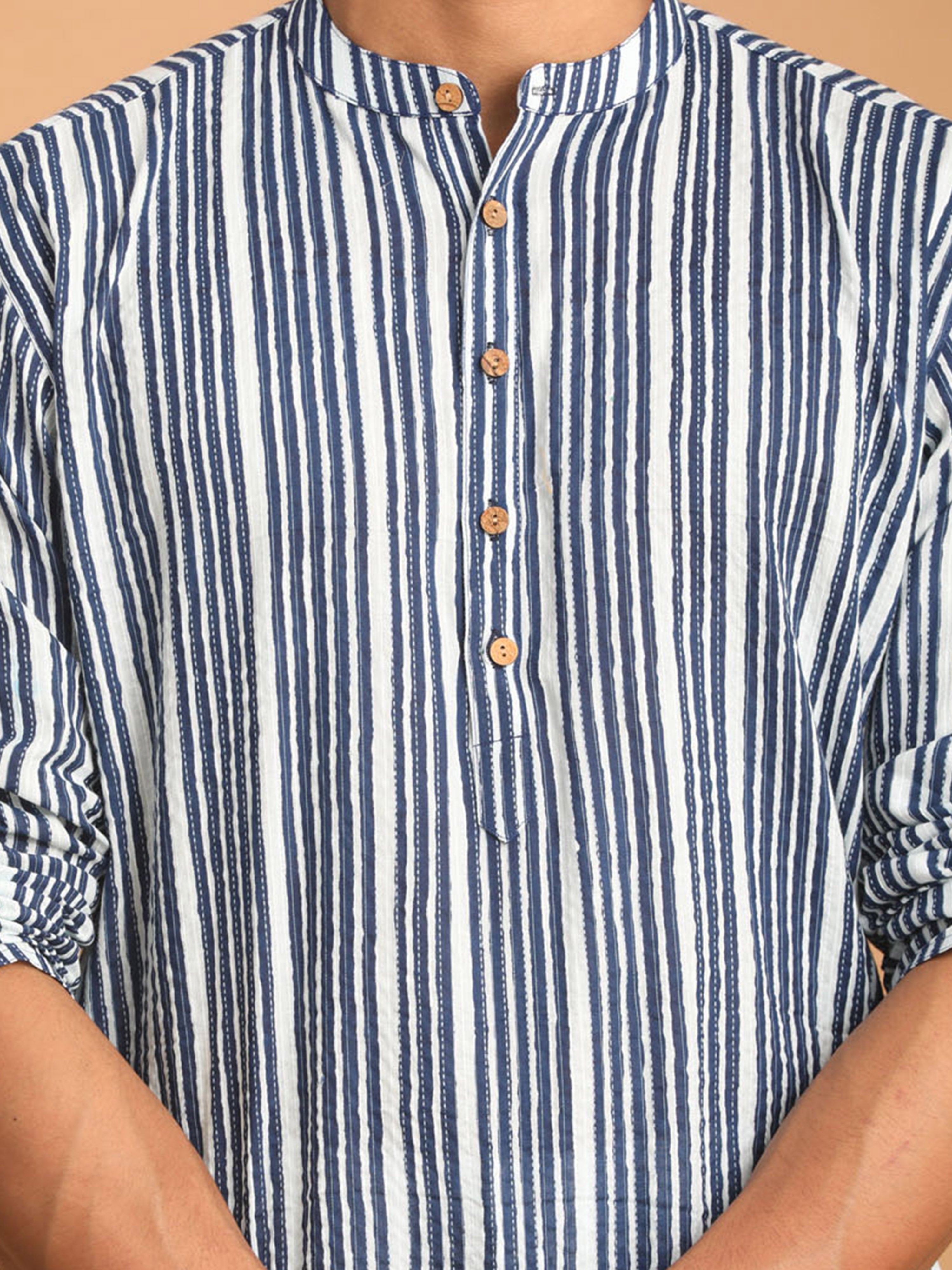 Men Blue Kantha Geometry & Indigo Print Cotton Kurta with Navy Blue Pant Set
