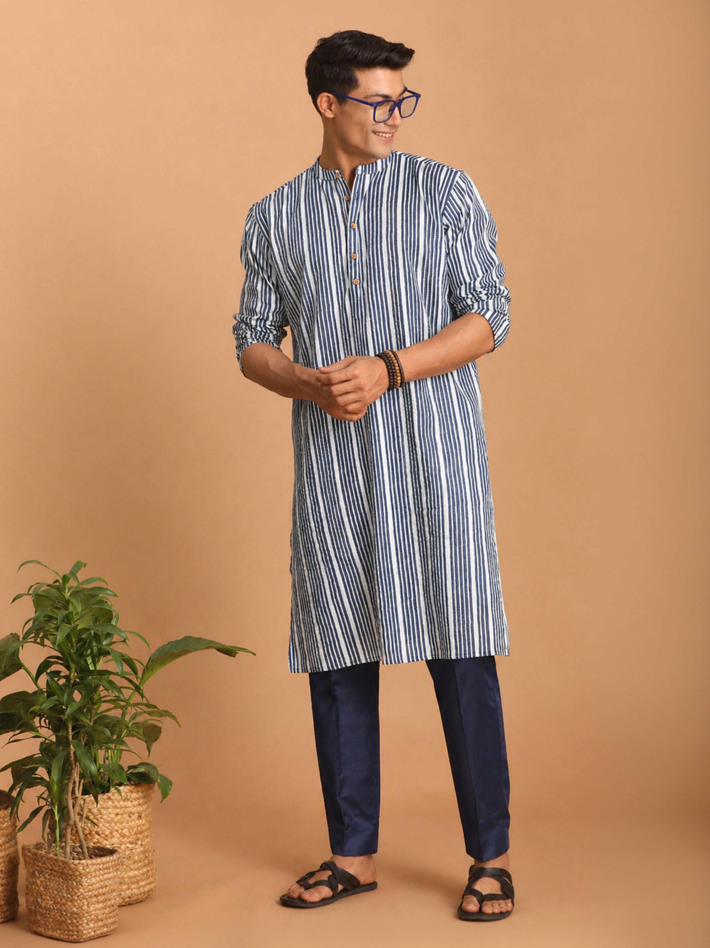 Men Blue Kantha Geometry & Indigo Print Cotton Kurta with Navy Blue Pant Set