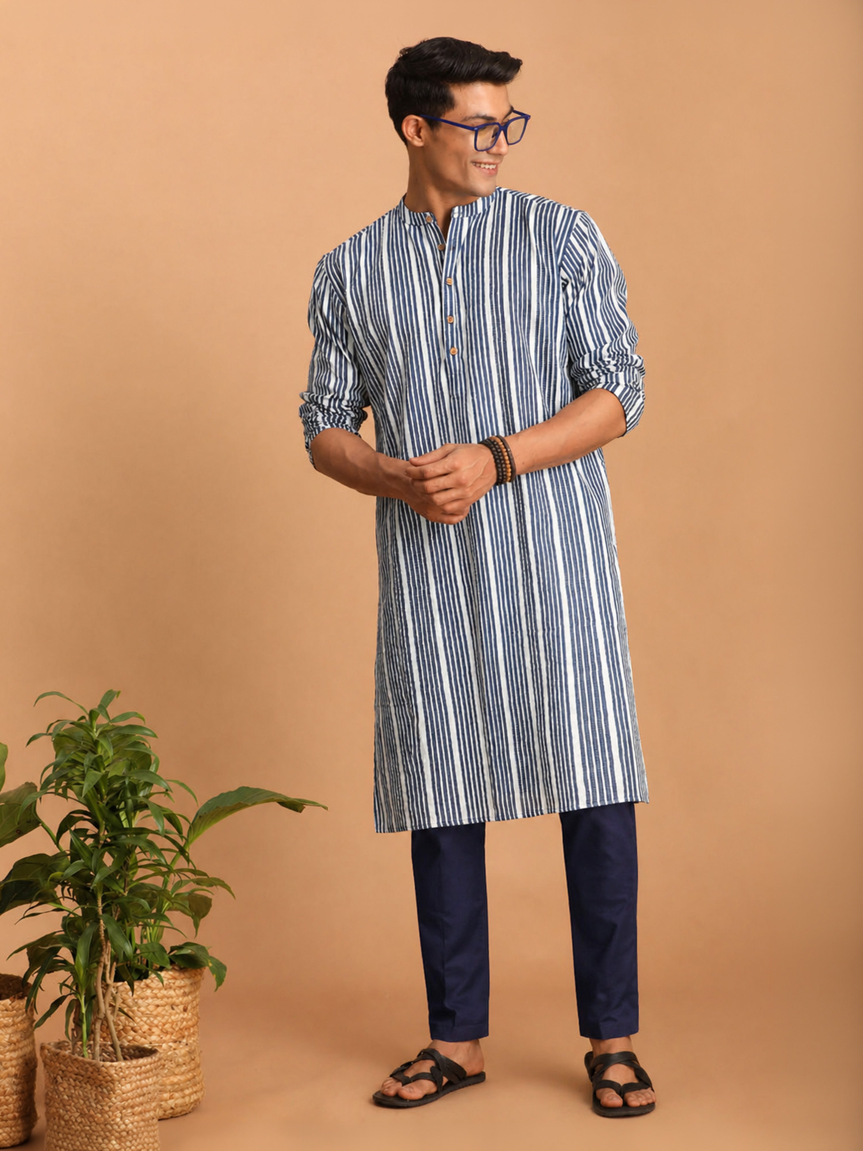 Men Blue Kantha Geometry & Indigo Print Cotton Kurta with Navy Blue Solid Cotton Pant Set