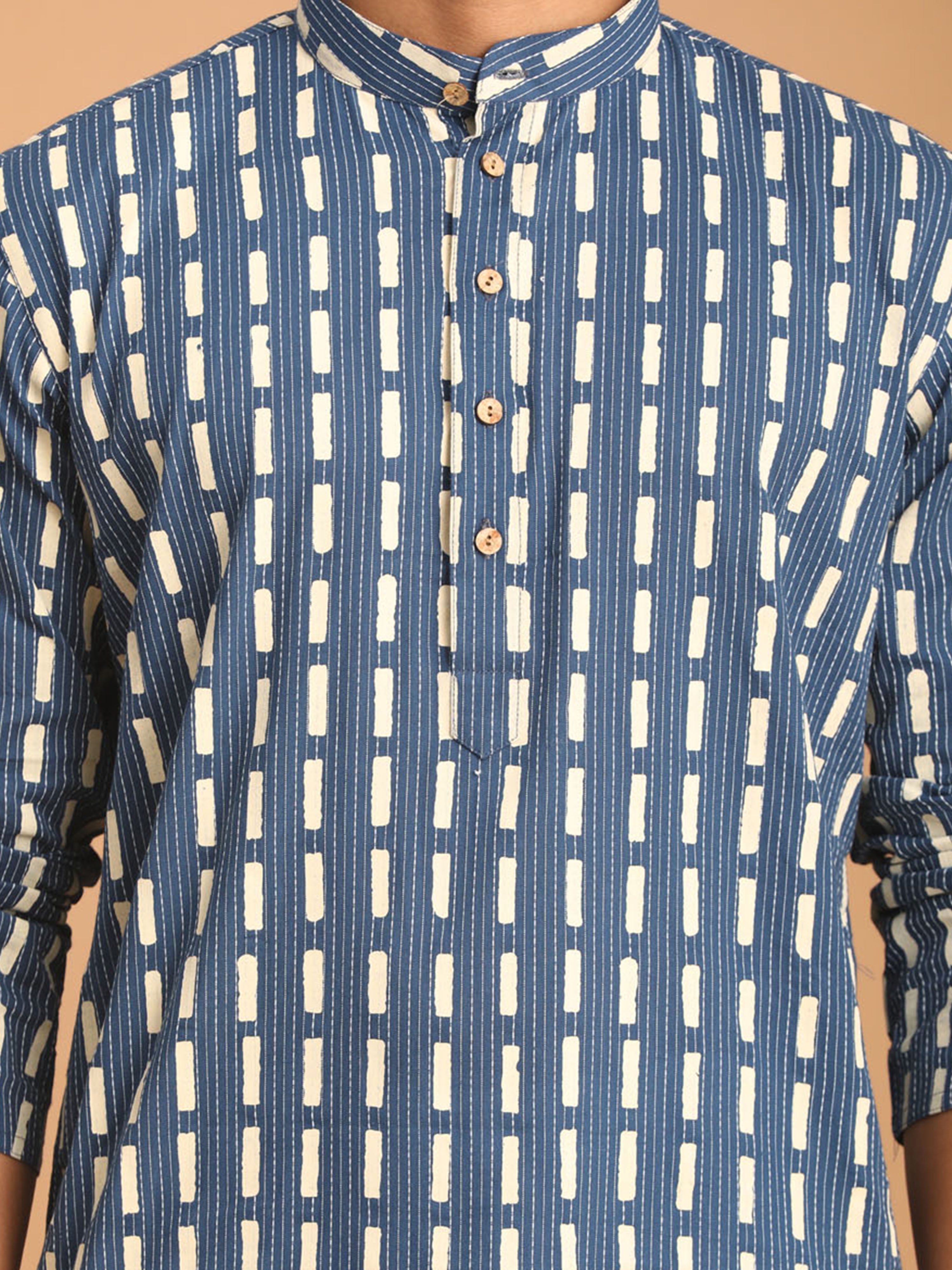 Men Blue Geometric Print & Kantha Work Cotton Kurta with Navy Blue Pant Set