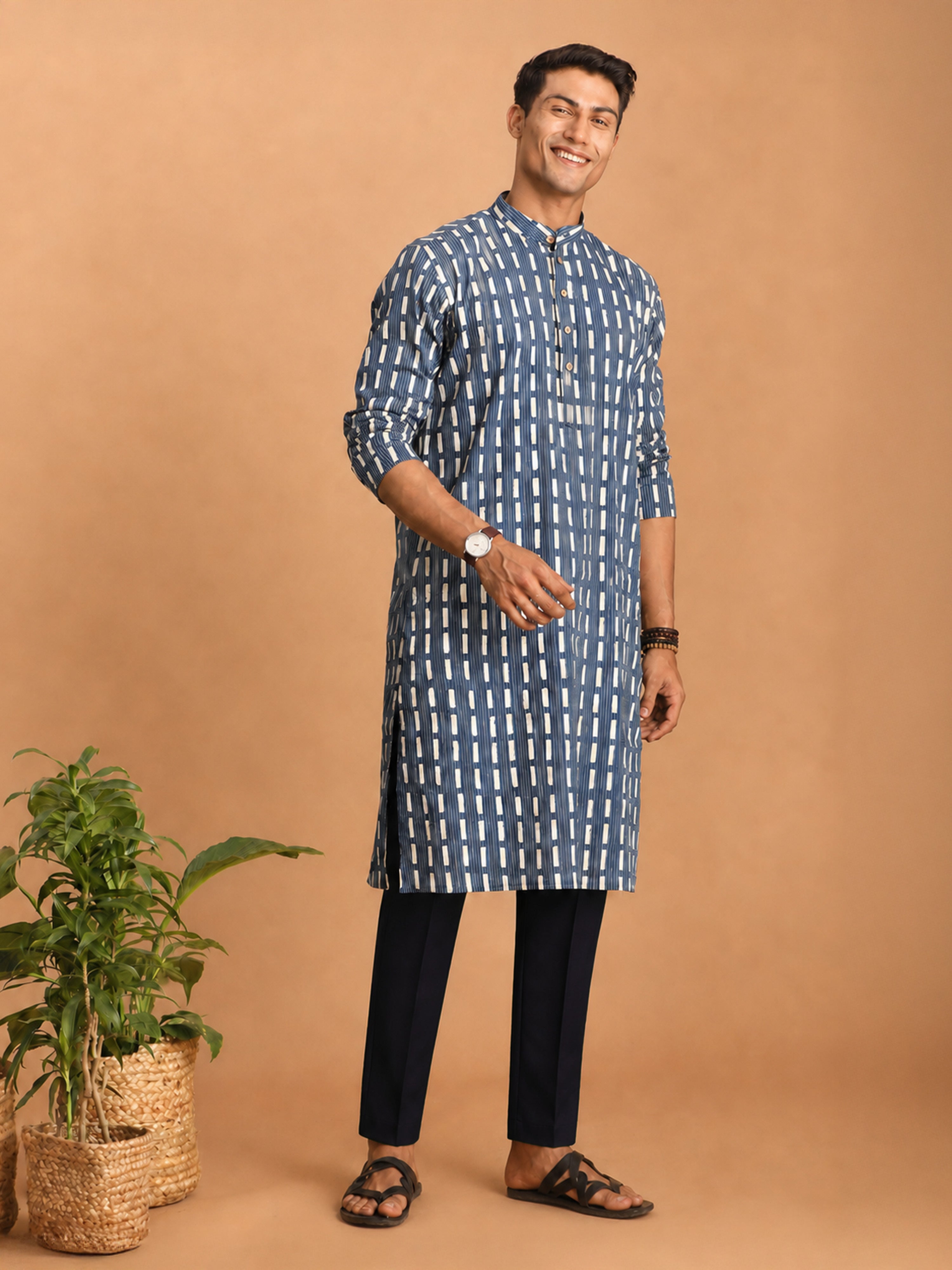 Men Blue Geometric Kantha & Screen Print Cotton Kurta with Navy Blue Solid Cotton Pant Set