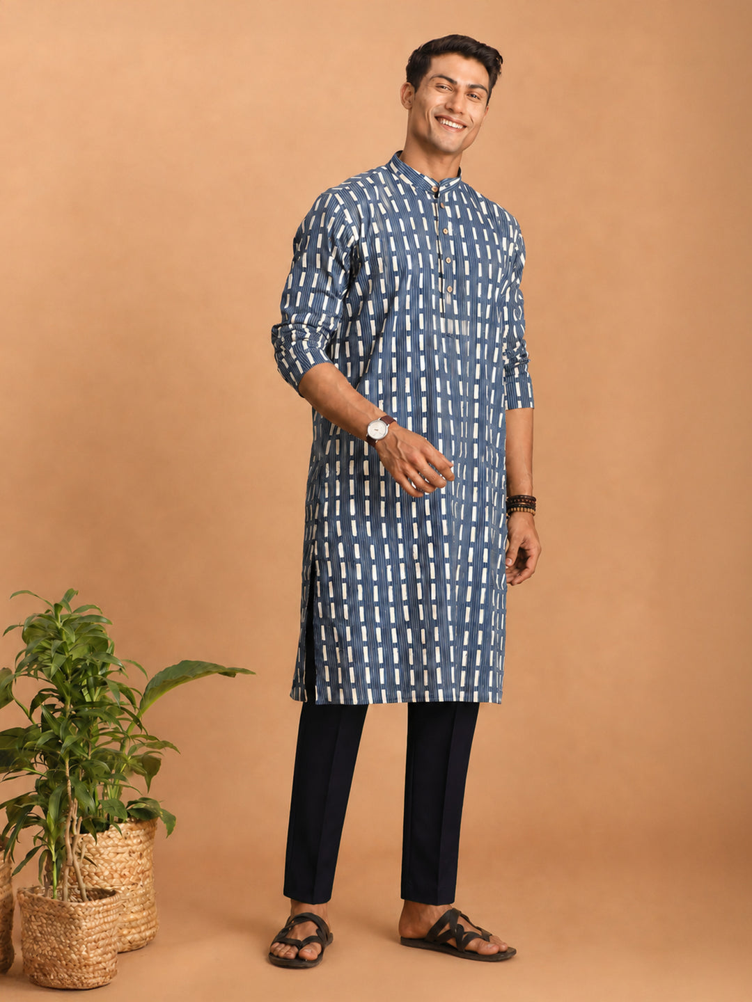 Men Blue Geometric Kantha &amp; Screen Print Cotton Kurta with Navy Blue Solid Cotton Pant Set