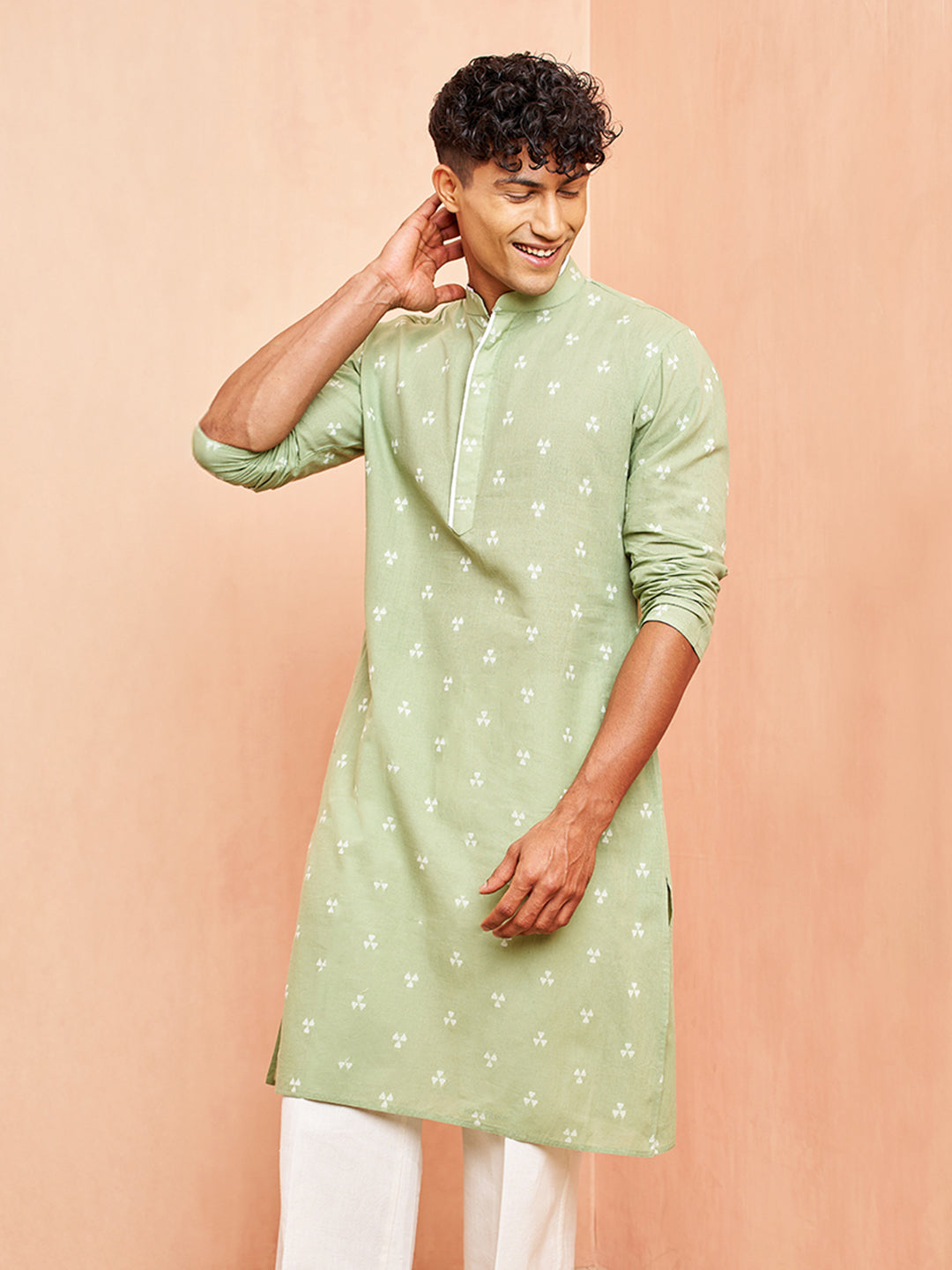 Men's Green Geometric Booti Jacquard Kurta