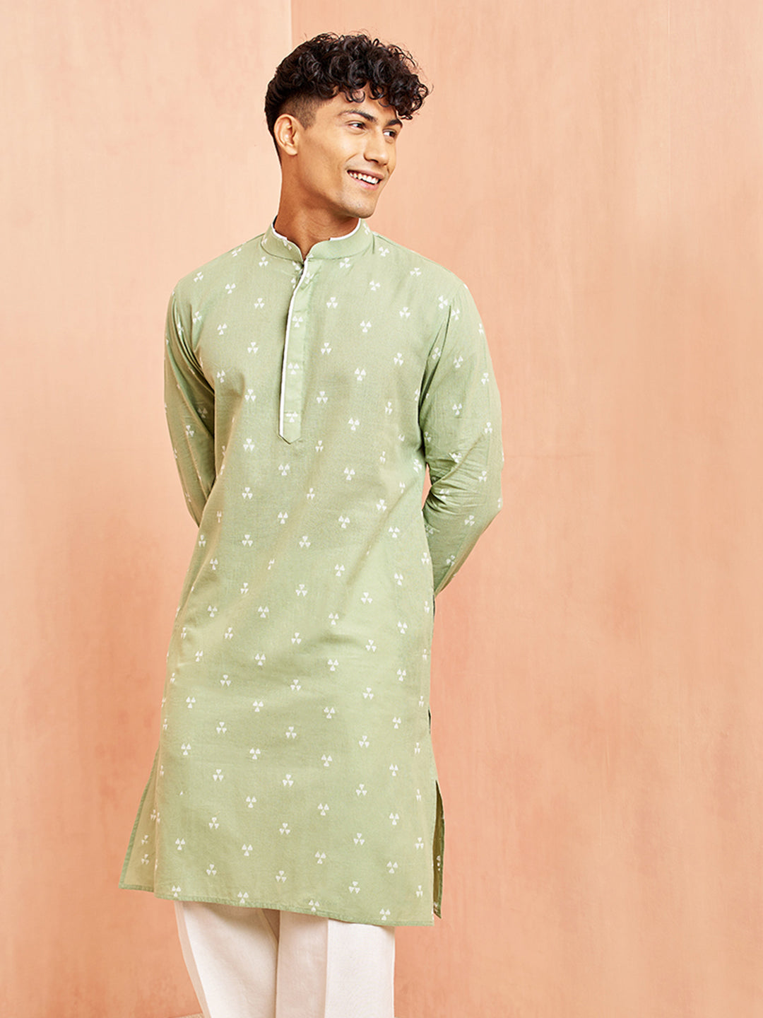Men's Green Geometric Booti Jacquard Kurta