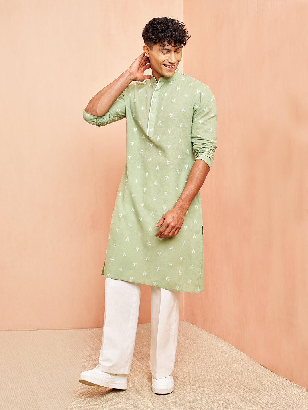 Men's Green Geometric Booti Jacquard Kurta