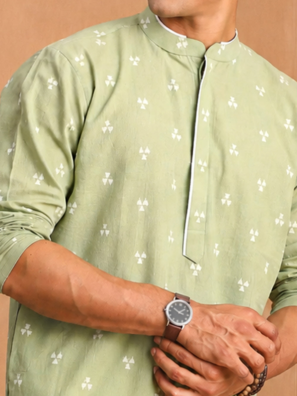 Men's Green Jacquard Geometric Kurta Pant Set
