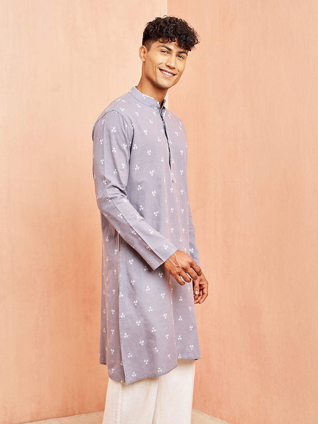 Men's Grey Geometric Booti Jacquard Kurta