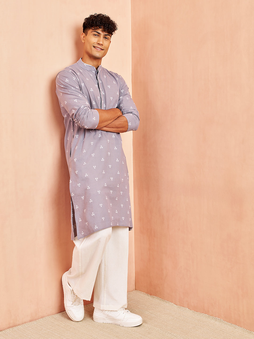 Men's Grey Geometric Booti Jacquard Kurta