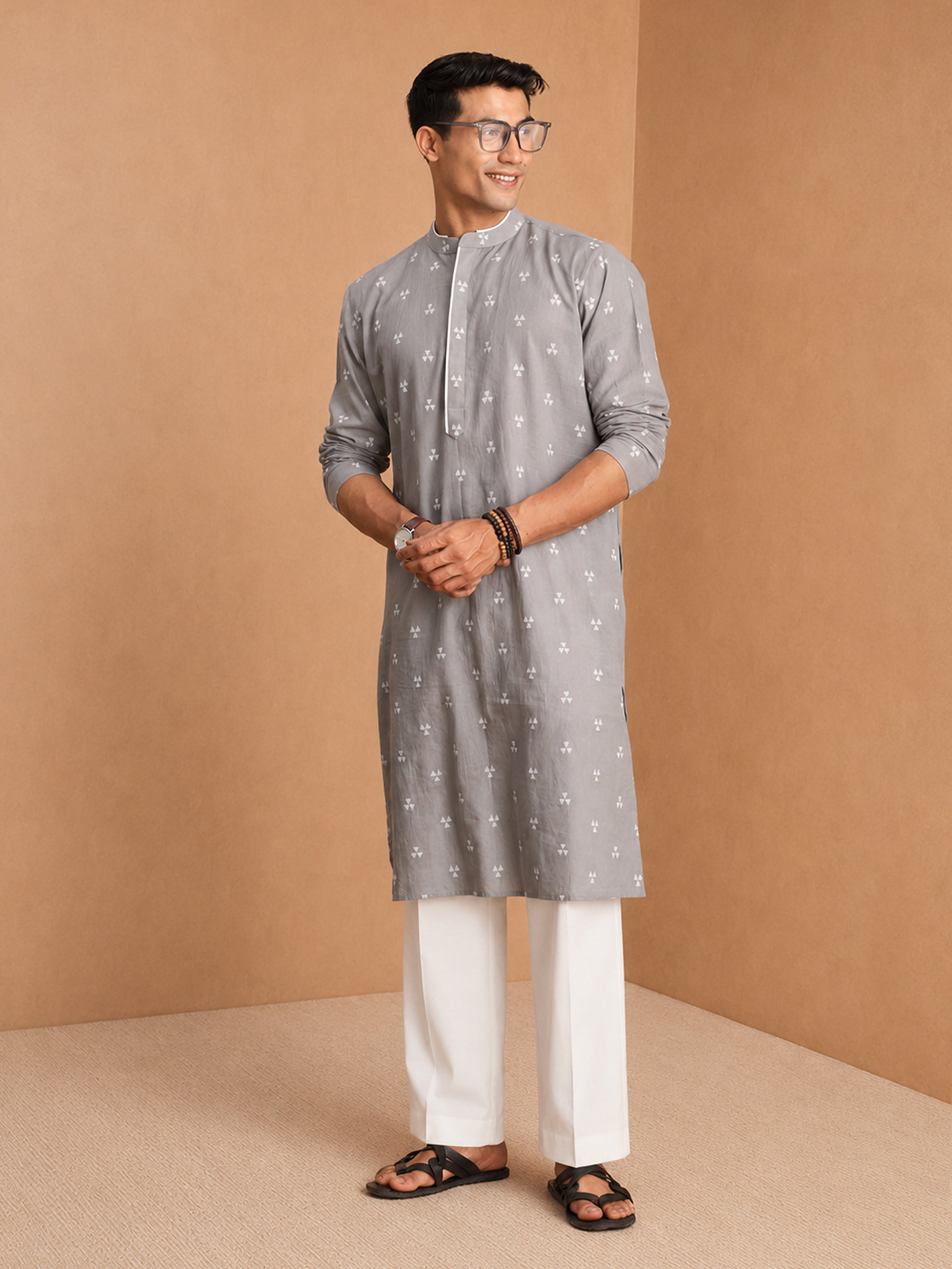 Men's Grey  Jacquard, Woven, Geometric Knee Length Kurta Pant Set with Wide Leg Pant