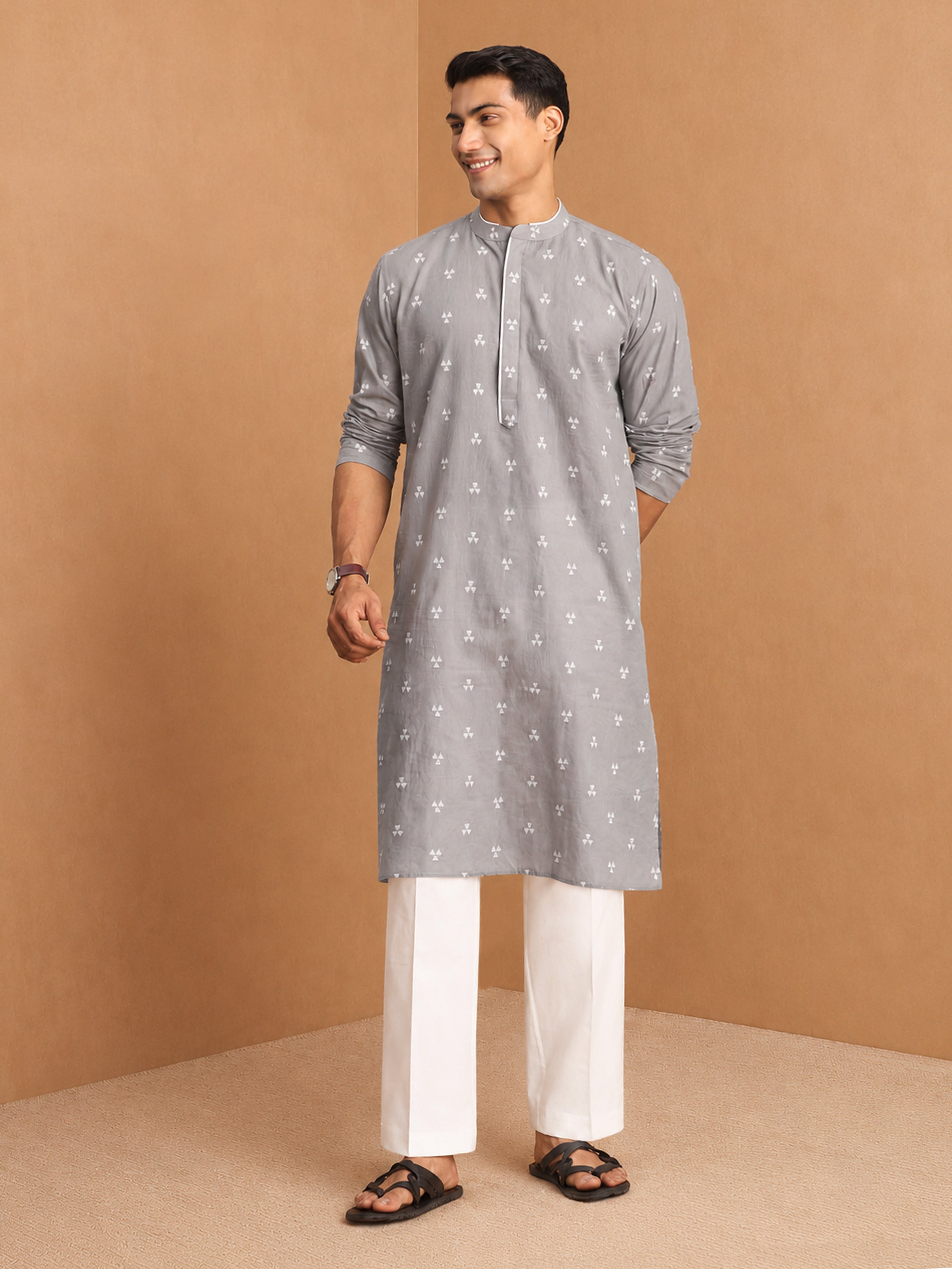 Men's Grey  Jacquard, Woven, Geometric Knee Length Kurta Pant Set with Wide Leg Pant