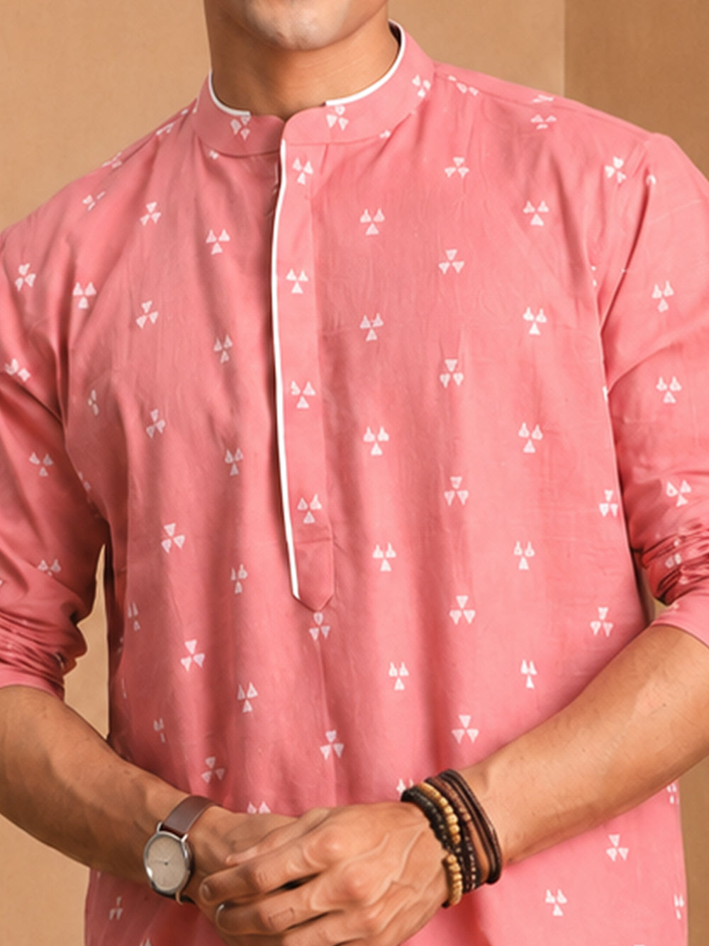 Men's Pink Jacquard Geometric Knee Length Kurta Pant Set