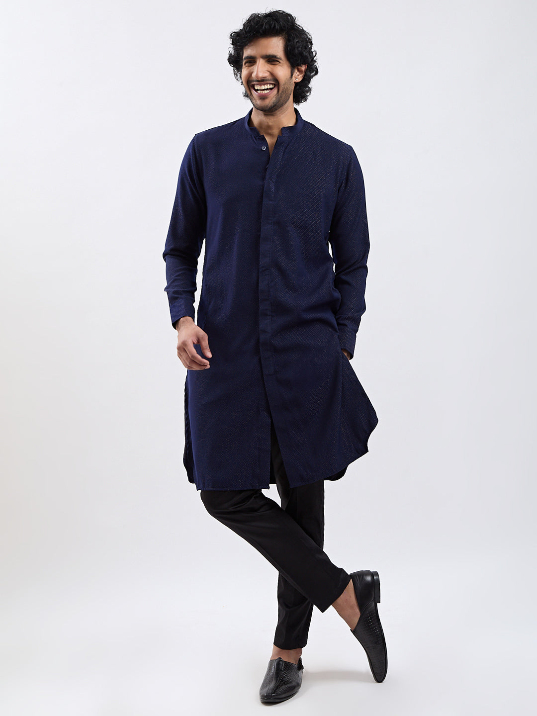 Men Navy Blue Jacquard Kurta with Black Satin Pyjama