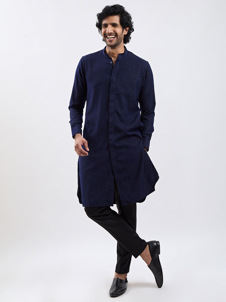 Men Navy Blue Jacquard Kurta with Black Satin Pyjama