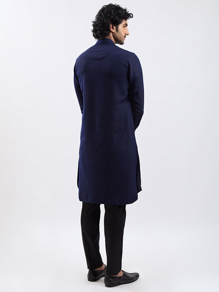 Men Navy Blue Jacquard Kurta with Black Satin Pyjama