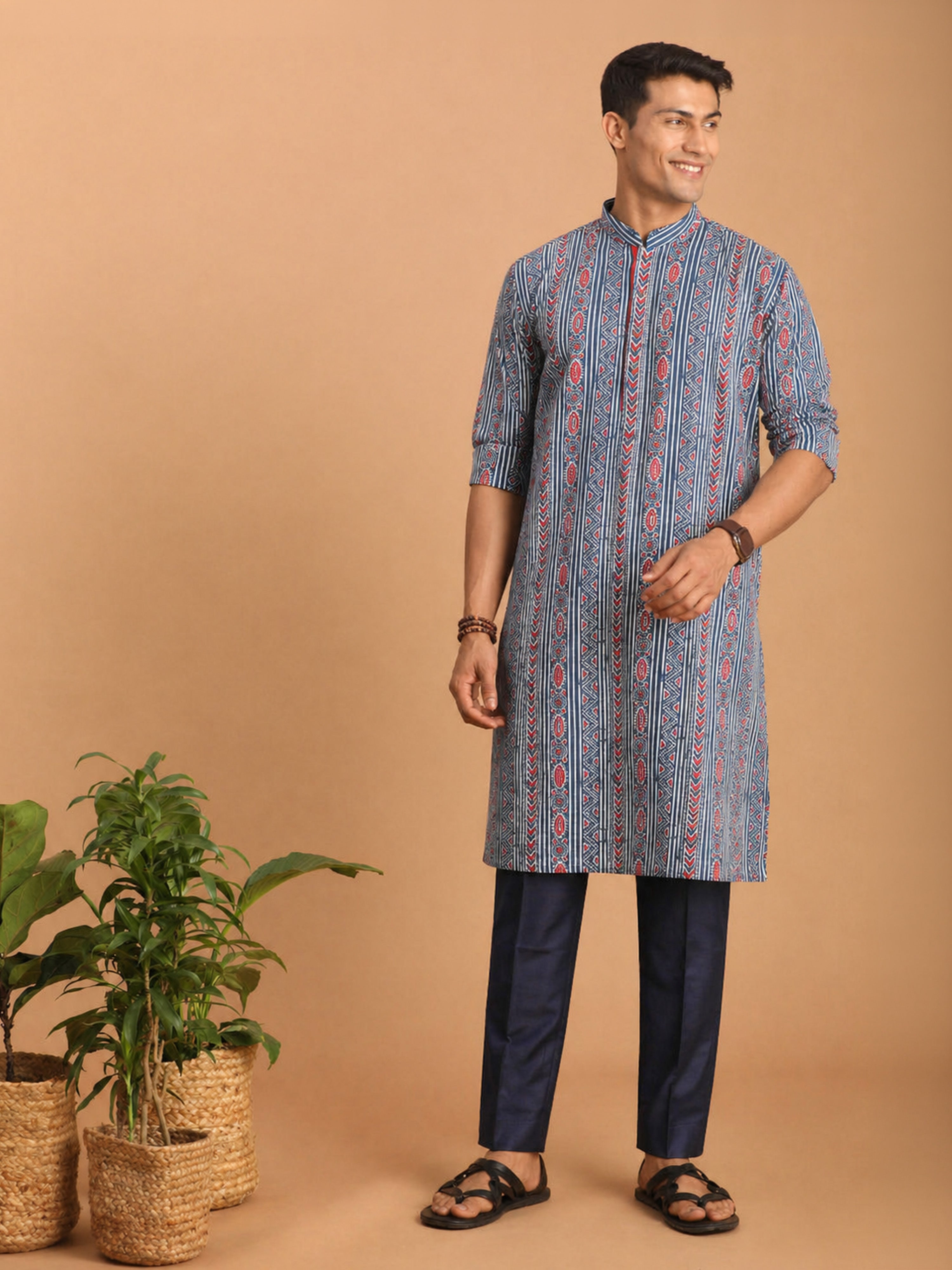 Men Blue Ethnic Motif & Kantha Print Cotton Kurta with Navy Blue Pant Set